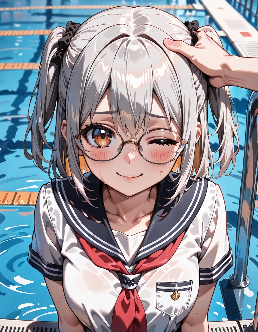 ((masterpiece)),((face focus)),(dynamic pose),Dive from the diving board into the pool,BREAK (((see through))),((white sailor swimsuit)),(small breasts:1.1),,glasses,short hair,(blunt bangs hair), (white hair),hair blowing in the wind,(troll face), aqua eyes,BREAK,summer,fantastic sunshine,Sun light,big splash