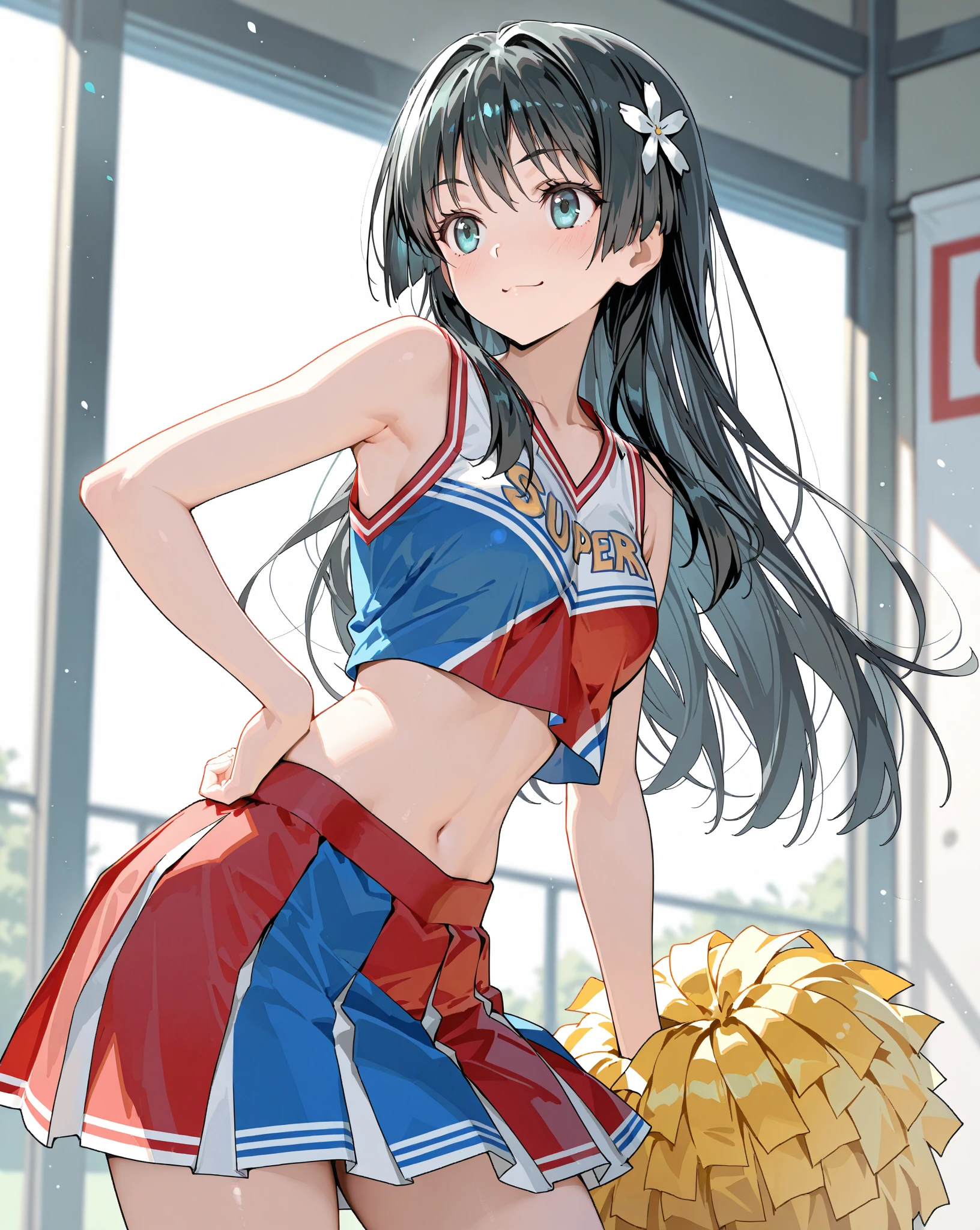 cheerleader、long hair、I can see a glimpse of my belly button、smile