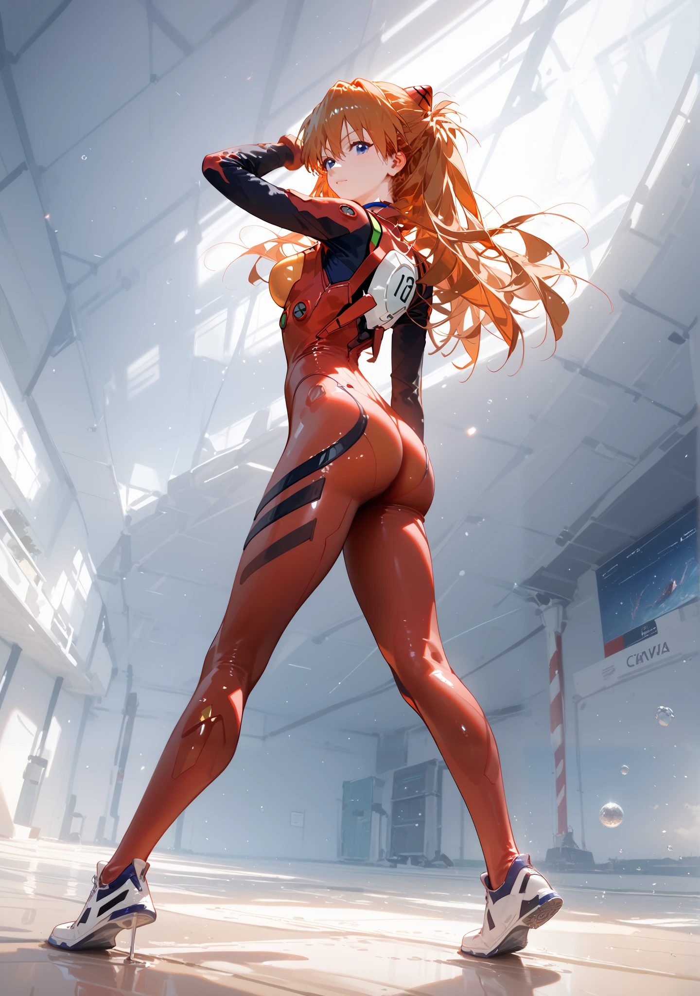 better quality, better quality, High-quality illustrations, that shrink in the air, Masterpiece, Ultra high resolution, detailed background , is absurd, perfect anatomy, performance , good lighting, Shadows in movies, 1 girl, One, Evangelion : New Film Edition、 Shikinami Asuka Langley 、red suit with buckle、 beautiful, has his back, leaned forward, shows off ass, turns back,