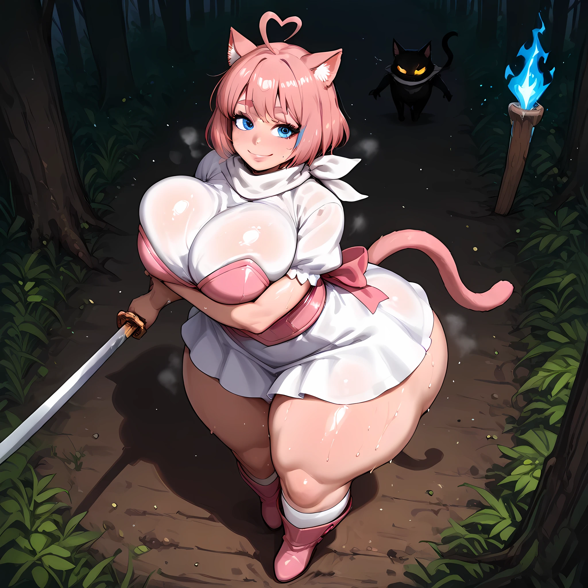 pelo color rosa, pelo color rosa intenso, pink hair color, pink hair, cabello rosado, ojos azules intenso, ojos color azul, intense blue eyes, electric blue eyes, color de ojos azules, labios enormes, labios hinchados, double ponytails hairstyle, double ponytails, big horns, succubus, sucubo, demon girl, pechos grandes, pechos enormes, Figura de reloj de arena, (cintura estrecha), confianza, superioridad, Palo de golf, malcriado, bully, muslos gruesos, pendientes, arriba, diafragma, Bermudas, sonrisa, medio plano, evil sonrisa, cara de gemido, grande , from the Frente, in hell (fire, castle, dungeon), pechos grandes, caderas grandes, Front, from the front, red skin, devil tail, nude, naked, big nipples, skin texture color red, red coloured skin, devil skin color, gal, japanese gal, in latex suit, black shiny latex