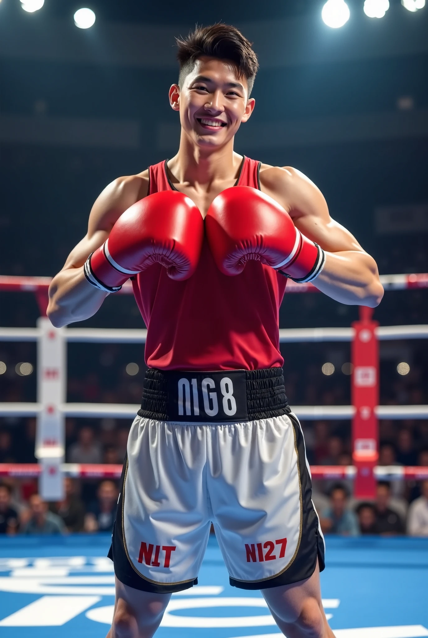 a lean skinny 18-year old shirtless caucasian boy wearing blue boxing gloves, black boxing shorts, crewcut brown hair, green eyes, tanned skin, sweating, drenched with sweat, in the ring