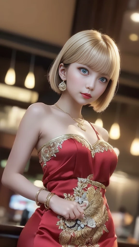 Highest quality,,woman,1 person,cute,beautiful,
Blonde Hair,Long Hair,Brown eyes,BREAK,blunt bangs,BREAK,
Halter neck dress,Red cabaret dress,Red shiny dress,BREAK,
Diamond Necklace,
Background Chandelier,Background light bokeh,