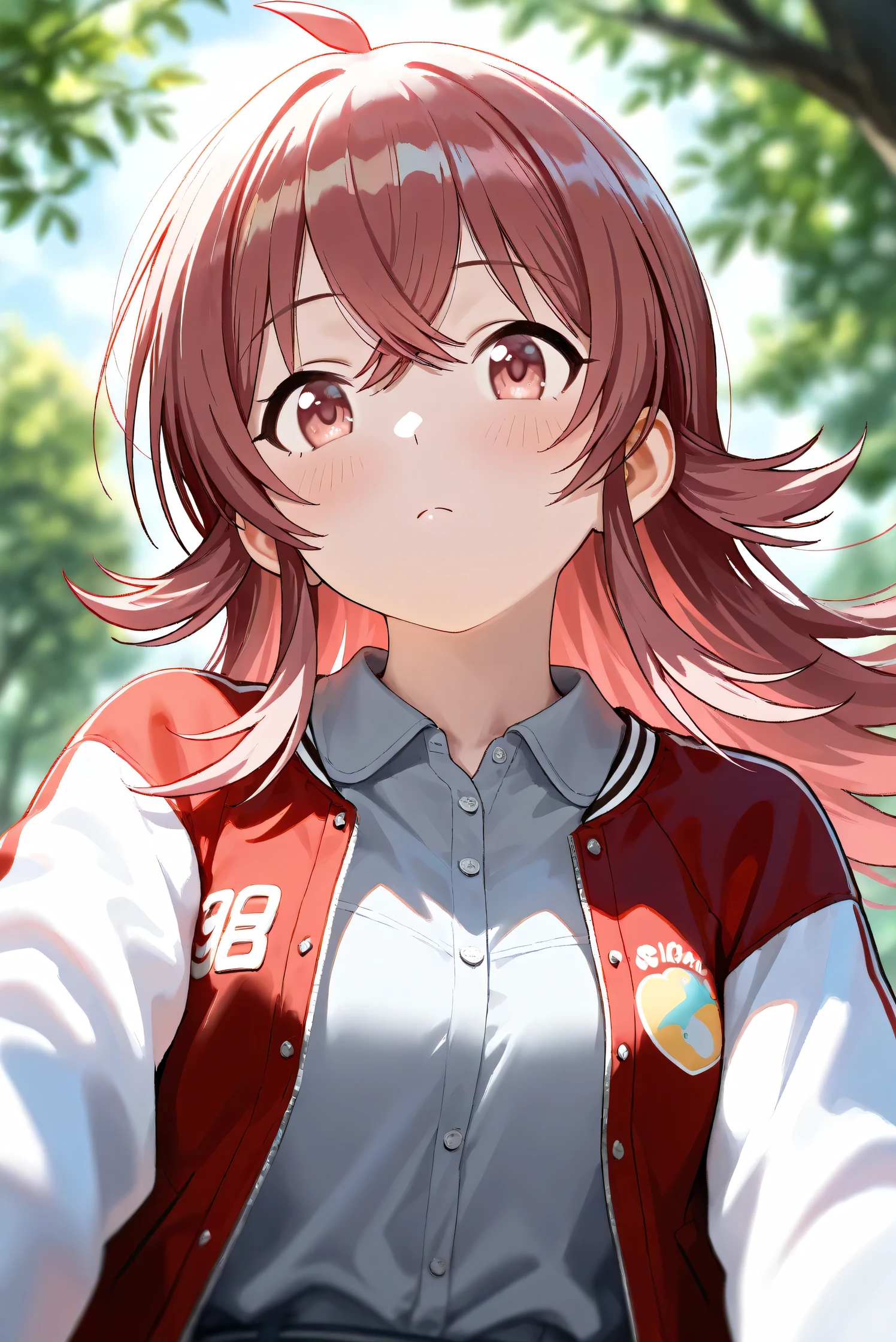 (Masterpiece), (Highest quality), (Very detailed),
(The best shape), (Best Shadow), (Absurd),
(Detailed background), (So beautiful), Shiny ,
Beautiful eyes in every detail, Extraordinary, Countershading, 8k, 32K, High resolution,
Very Detailed CG,
Score_9, Score_8_up, Score_7_up, Source_anime,
(Pastel painting:1.2), (Watercolor painting:1.2),
(Masterpiece, Detailed:1.2), (Foreshortening:1.2),
Cinematic, Dramatic, (Depth of field:1.4),
(Blurry background:1.4), (Realistic background:1.4),
(Foreshortening:1.3),Dynamic angle, From below,
1 girl,
Outdoor, Nature, Park, Wind,
Komiya Kaho, komiya kaho,
the idolmaster shiny colors,
long hair, red hair, red eyes, hair between eyes, ahoge, (medium breasts:0.7),
(Casual wear:1.3),
(Collared shirt:1.1), (Gray shirt:1.2), (Plain shirt:1.3),
Souvenir Jacket, Open jacket, Red jacket, Long sleeves, White sleeves, Plain jacket,
(Portrait:1.2), Upper body,Focus on face,
(Close up shot:1.4),
(Blush:1.3),
Realistic skin, Shiny skin,