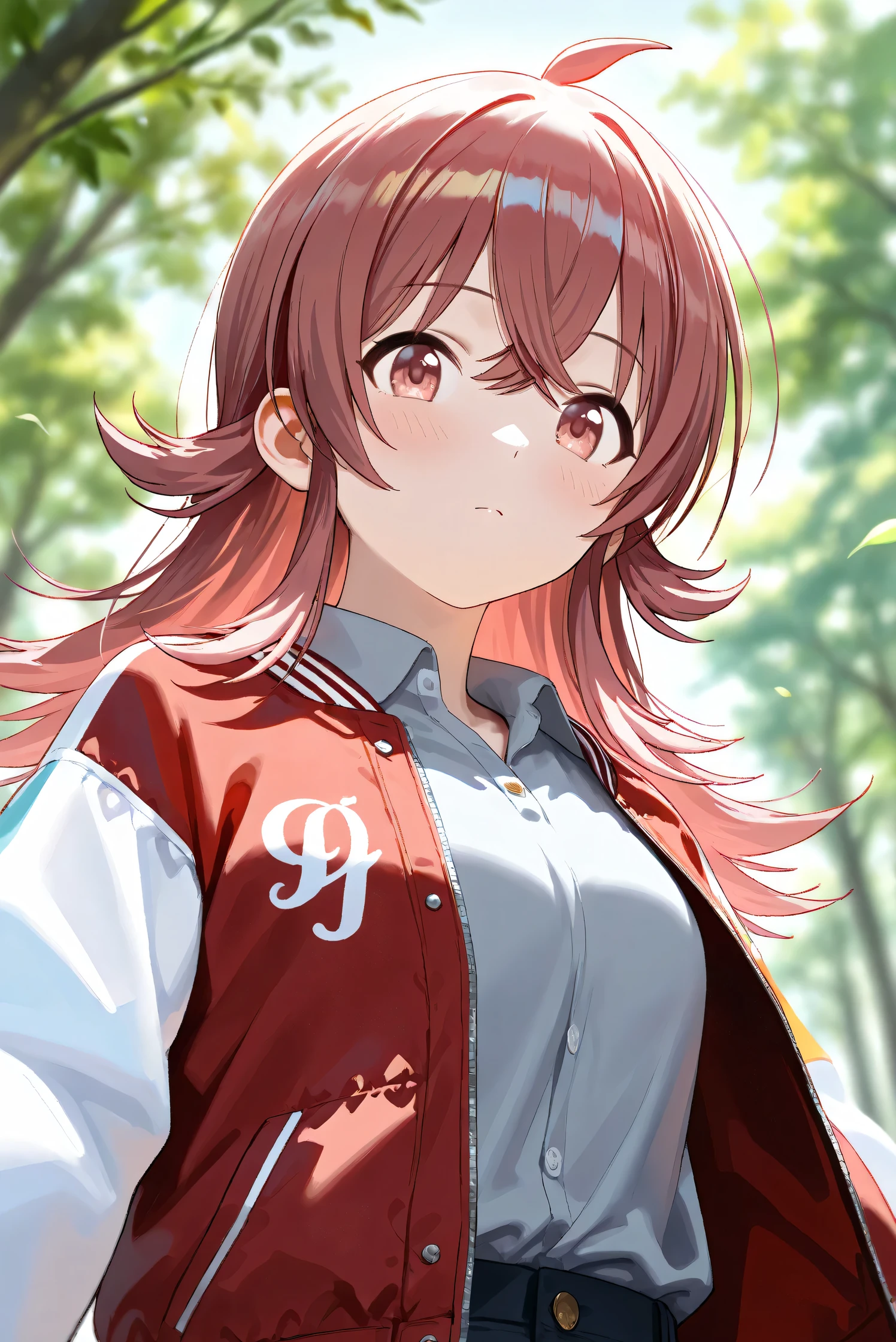(Masterpiece), (Highest quality), (Very detailed),
(The best shape), (Best Shadow), (Absurd),
(Detailed background), (So beautiful), Shiny ,
Beautiful eyes in every detail, Extraordinary, Countershading, 8k, 32K, High resolution,
Very Detailed CG,
Score_9, Score_8_up, Score_7_up, Source_anime,
(Pastel painting:1.2), (Watercolor painting:1.2),
(Masterpiece, Detailed:1.2), (Foreshortening:1.2),
Cinematic, Dramatic, (Depth of field:1.4),
(Blurry background:1.4), (Realistic background:1.4),
(Foreshortening:1.3),Dynamic angle, From below,
1 girl,
Outdoor, Nature, Park, Wind,
Komiya Kaho, komiya kaho,
the idolmaster shiny colors,
long hair, red hair, red eyes, hair between eyes, ahoge, (medium breasts:0.7),
(Casual wear:1.3),
(Collared shirt:1.1), (Gray shirt:1.2), (Plain shirt:1.3),
Souvenir Jacket, Open jacket, Red jacket, Long sleeves, White sleeves, Plain jacket,
(Portrait:1.2), Upper body,Focus on face,
(Close up shot:1.4),
(Blush:1.3),
Realistic skin, Shiny skin,