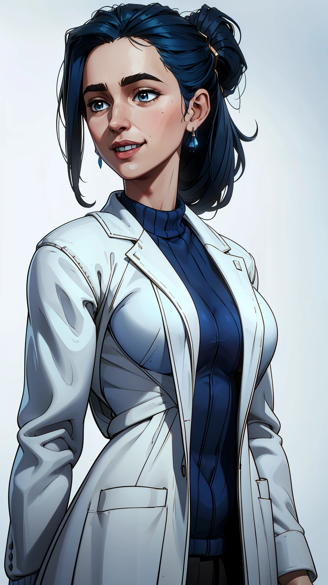 Margaret Qualley, short stature, medium breasts, 4k, highly details, marqual, black ponytail, ((( portrait))), solid white background, ((wearing a white scientist lab coat over a blue sweater)), (solid white background), smile