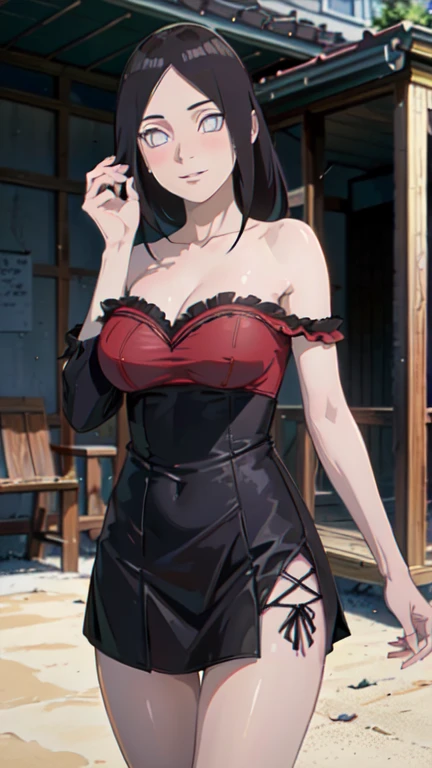 ((((masterpiece, best quality, high resolution)))), 1girl, average breasts, blush, light smile, parted lips, glow, thighs, bare shoulders, collarbone, narrow waist, cleavage, (masterpiece), (beautiful detailed face, beautiful detailed eyes), (anabi\(boruto\)
