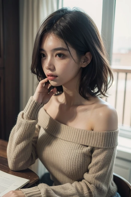 ((Best quality, 8k, Masterpiece: 1.3)), Contour: 1.2, Perfect body beauty: 1.4, Butt: 1.2, ((Layered haircut, Round chest: 1.5) ), 1girl, (hotel bed: 1.3), big breast, highly detailed face and skin texture, Beautiful eyes, Double eyelids, White skin, Long hair ,Ultra HD,8K, Moonlight night、one room、The view of the city can be seen from the window、high key lighting、studio lighting、face lamp、(Viewed from the front)、photon mapping、radio city、(Full body female love)、(Completely naked)、dark brown hair、Detailed faces、Detailed lips、Detailed eyeore skins、double eyelids、(huge :1.4)、(off shoulder sweater)、A necklace、(camel toe)、Perfect body、shiny skin、((off shoulder sweater lift:1.5))、Make eye contact with the camera,see through clothes, eyes looking up, sticking tongue out, mouth wide open