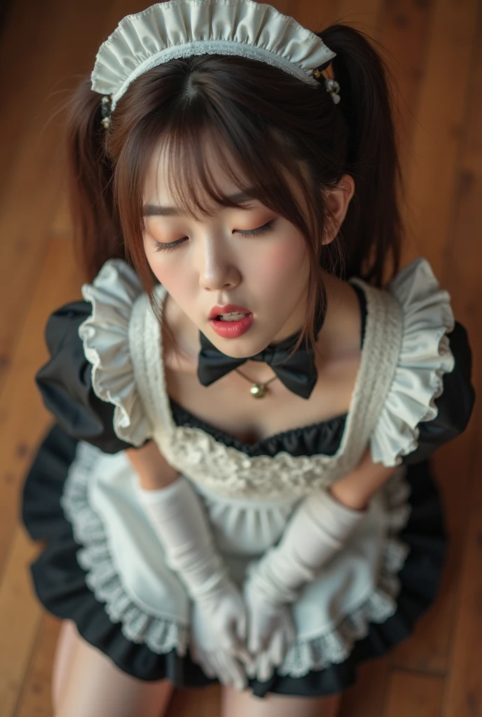32k, Masterpiece, top quality,  ( Korea's Beautiful Woman)   High-angle, close-up view, pigtails, maid outfit, white top, black bodice, short skirt, lace, kneeling, serene expression, eyes closed, open mouth, 
tongue out,  hands clasped, white gloves, wooden floor, warm lighting, indoor setting, soft romantic feel, cosplay, themed photoshoot, warm muted colors, browns, white, black.