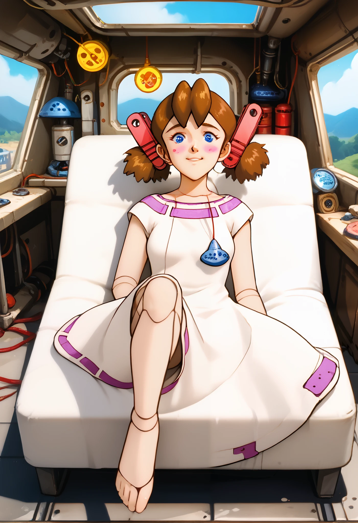 A lady is laying on the bed, mechanical lady, very short pigtails, brown hair, Hair tie with two red big red clothespins, android, blue eyes, flushed cheeks, anime picture, from front view, full body figure. She closes her eyes. She wares white underwear. She arches her body. She feels heavy ecstasy and she is fainting in orgasm, close her eyes. She spread her legs widely. She wares straw hat only. She fucks with retro robot guy.