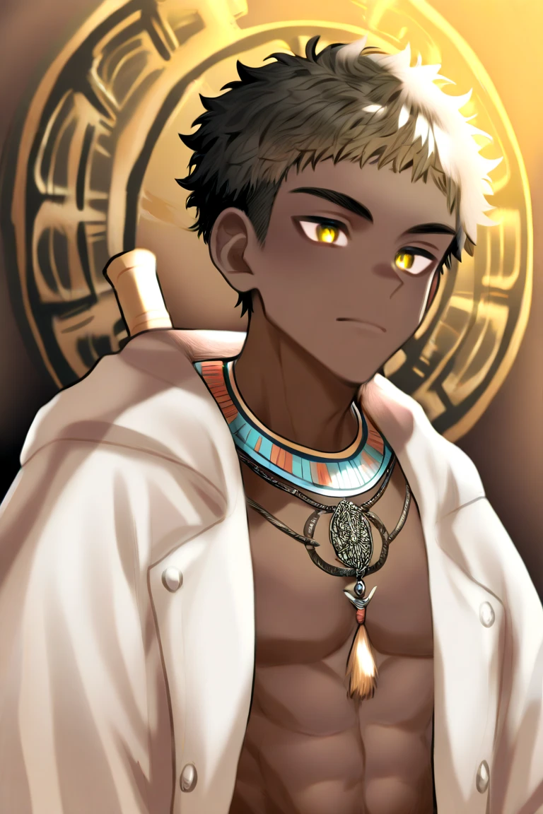 A young African warrior with an imposing appearance, with skin Dark and intense eyes that shine with a golden hue when you channel your energy. His hair has a mid-fade cut, with the top formed by short and well-kept dreads, adorned with small tribal metallic rings. He wears a long overcoat with an African design, decorated with ancient geometric patterns, combining tradition and advanced technology. Her clothes are functional, with reinforced fabrics and metallic details that aid in the conduction of energy. He wears his imposing nimcha on his back, and on your waist lie various tools and accessories that reflect your inquisitive and scientific nature. Your posture transmits confidence and determination, like a warrior who dominates both battle and knowledge."