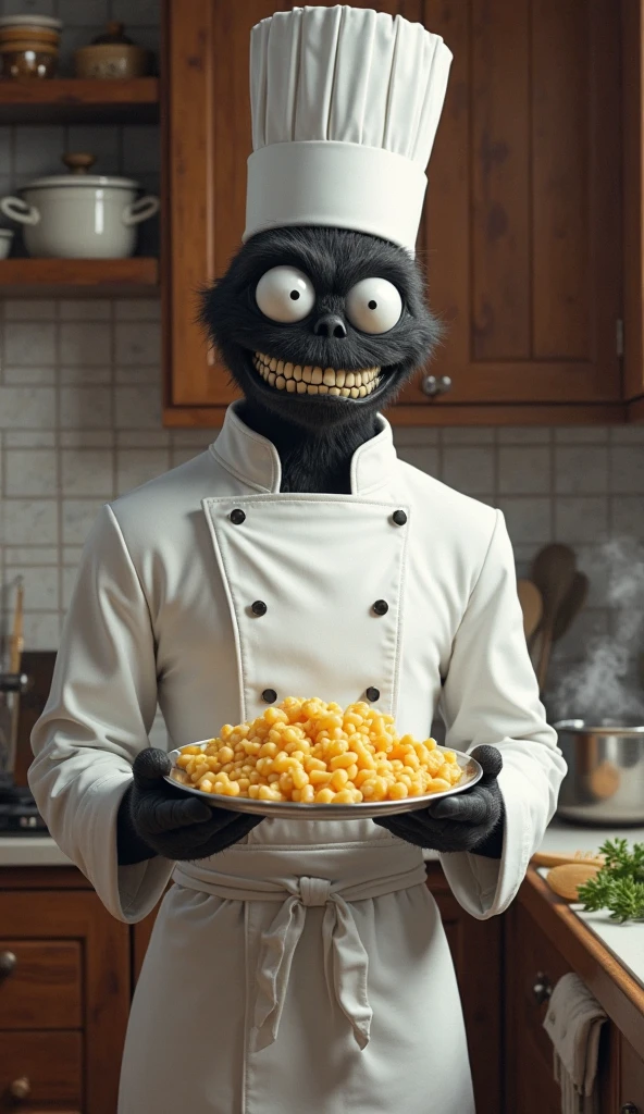 Venom, The Imposing Black Creature , is in the kitchen wearing a classic chef's uniform: an impeccable white coat, an apron tied around the waist and a tall chef's hat. He holds a plate of perfectly prepared macaroni and cheese, with the melted cheese stretching irresistibly. His white eyes sparkle with satisfaction, The kitchen in the background has a cozy and well-lit environment, with utensils scattered across the counter, a pot still releasing steam and fresh ingredients nearby.