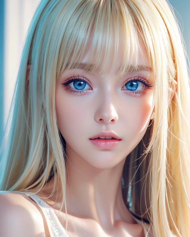 Super long, silky blonde hair、Very cute, beautiful and stunning girl、Bangs falling over the eyes、Hair on the face、Put one bang over your eye、Hair between the eyes、So perfect beautiful cute face、big, Her bright, light blue eyes are so beautiful and sparkling.、Very big eyes、White and lustrous skin、Small Face Beauty、Cheek gloss highlighter、Incredibly white, beautiful, bright and radiant skin、Round face