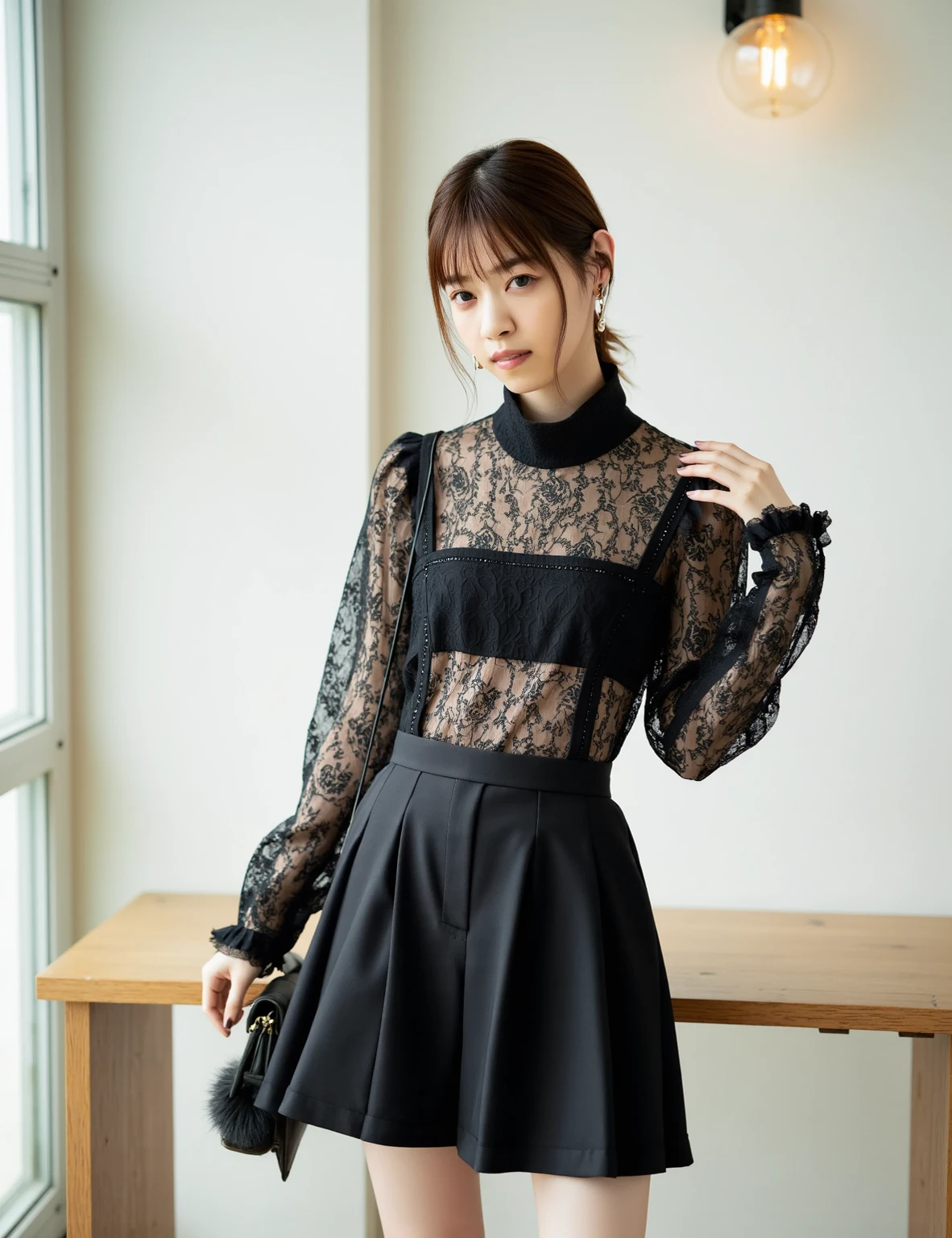 Patterned long sleeve dress、Tabletop、(Black wall on background、In front of the black door:1.4)、((Highest quality、8k、masterpiece:1.3))、（Japanese）、Japanese woman in her 38s、Ultra-high resolution、(photoGenuineistic:1.4)、RAW Photos、Japanese,(face)、Genuine、Photographed in natural light、Highly detailed face and skin texture、Highly detailed lips、The correct state of the human body、Shortcuts、short hair、short hair、Brown Hair、Various poses、Natural color lip、（横face：1.5）、（Comme des Garçons：1.4）、（cherry blossoms：1.5）