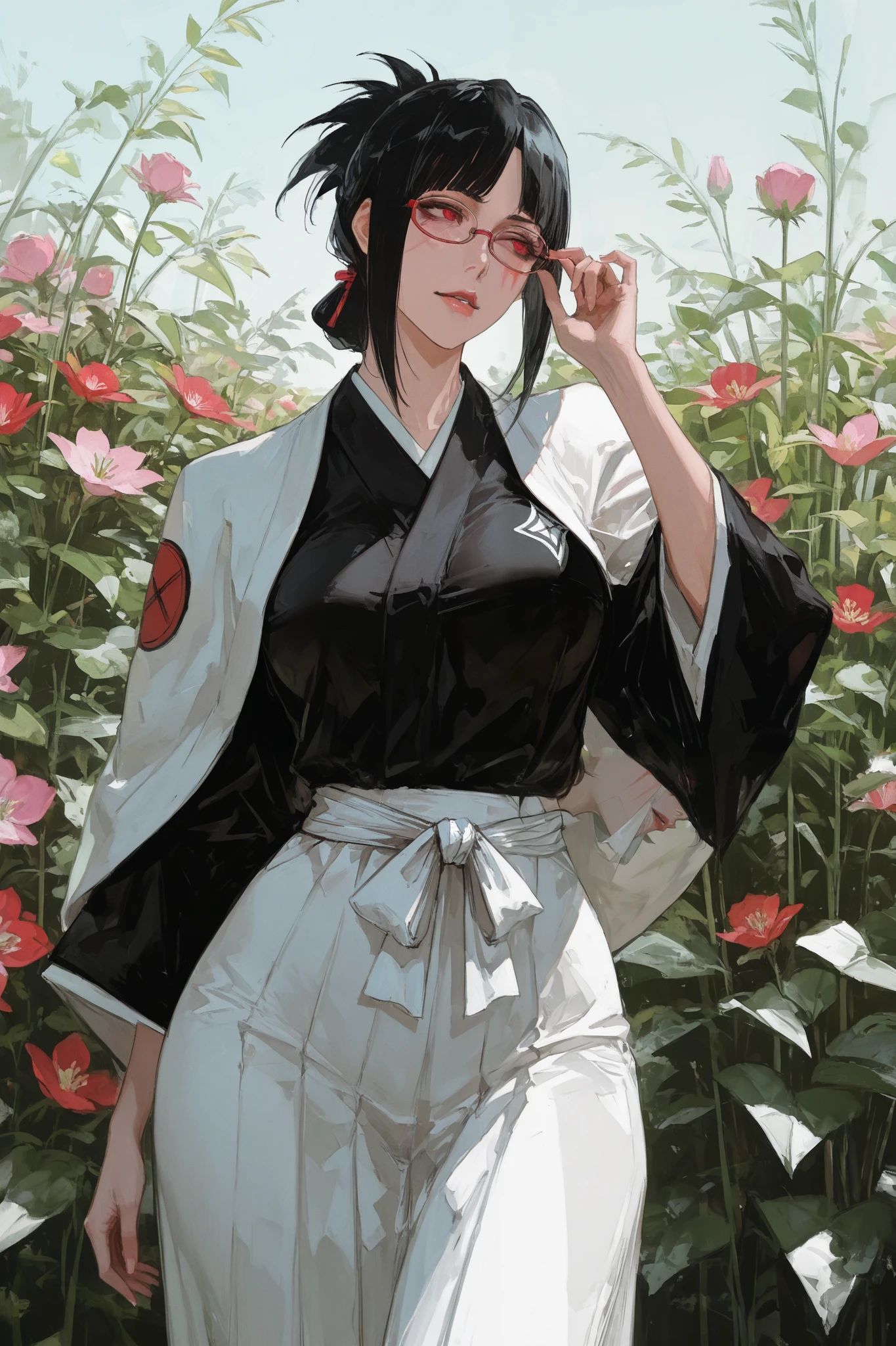 "A beautiful Japanese woman, mature in appearance (mlif), with striking red eyes, full lips, and beauty marks beneath her right eye and left lip. Her long, black hair is styled in a chignon, and she wears small, red-rimmed adult glasses. Dressed in a shinigami uniform from Bleach, she possesses a voluptuous figure with large breasts, curved hips, and an overall full-bodied physique. She's currently raising a hand to adjust her glasses while standing in a flower garden."