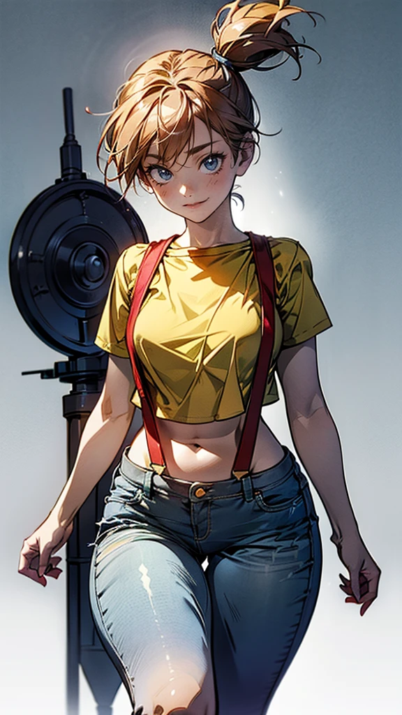 <lora:add_detail:0> <lora:Addams:0> (best quality, masterpiece:1.2), photorealistic, thick outlines, strong shadows, 1 girl, full body, swimming pool, <lora:Misty:1> yellow shirt, crop top, suspenders, suspender shorts, detailed background, detailed face,