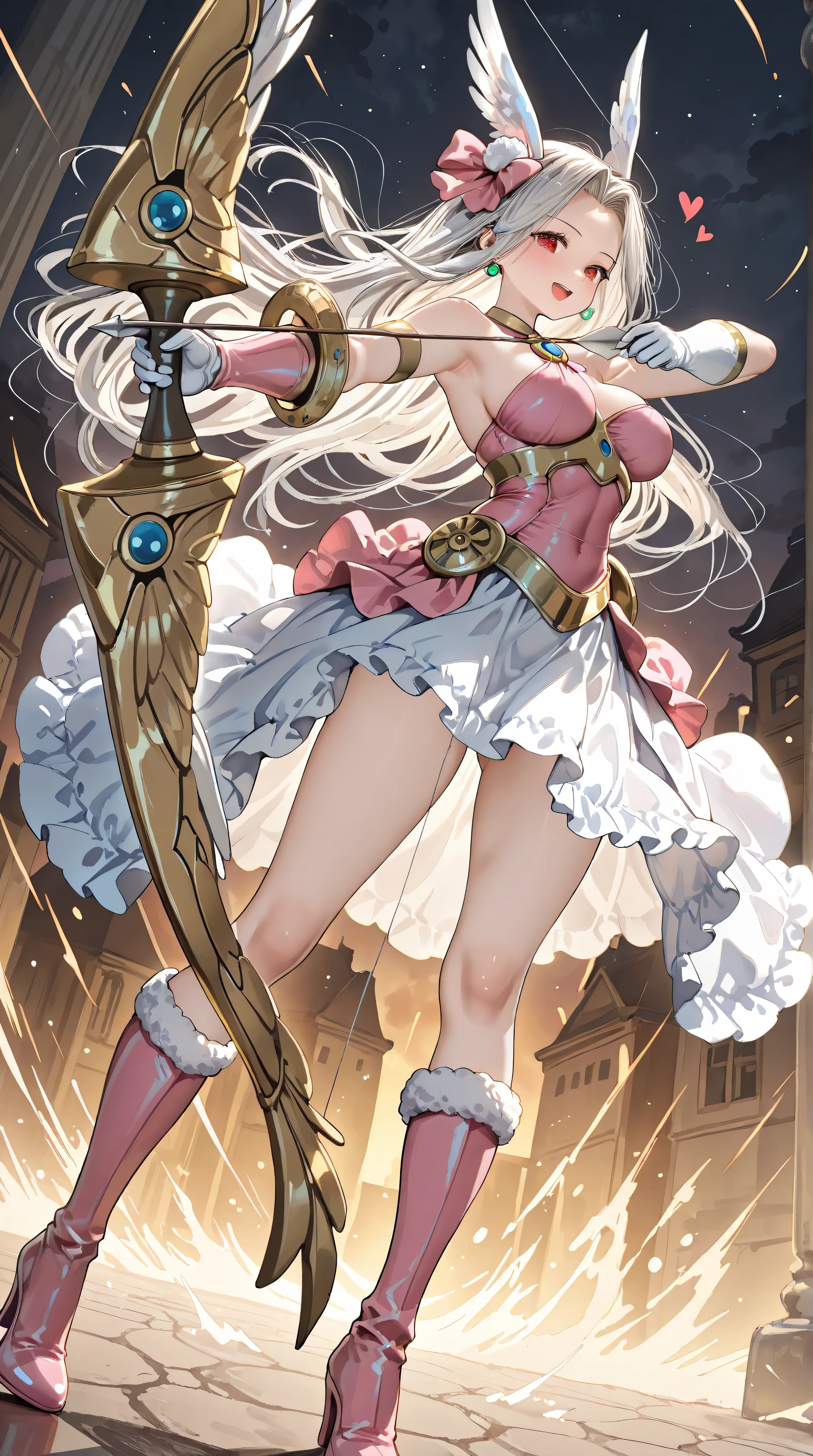 1girl,(Irisviel von Einzbern),mature female,red eyes,solo,bangs,large_breasts,(Valkyrie),white gloves,pink footwear,high heels,pink boots,pink bow,blue bow,bow,brooch,dress,standing,earrings,frilled dress,frills,gloves,hair bow,heart,jewelry,seductive smile,open mouth,holding bow\(weapon\),Aiming a Bow,dynamic angle,speed line,motion lines,apollousa bow of the goddess,art style,best quality,amazing quality,very aesthetic,absurdres,anime,best quality,amazing quality,very aesthetic,absurdres,masterpiece,best quality,newest,highres,absurdres,very awa,shiny skin,nsfw,(artist:loika:0.5),(artist:xiaoshou xiansheng:0.8),artist:rin31153336,artist:gawako,