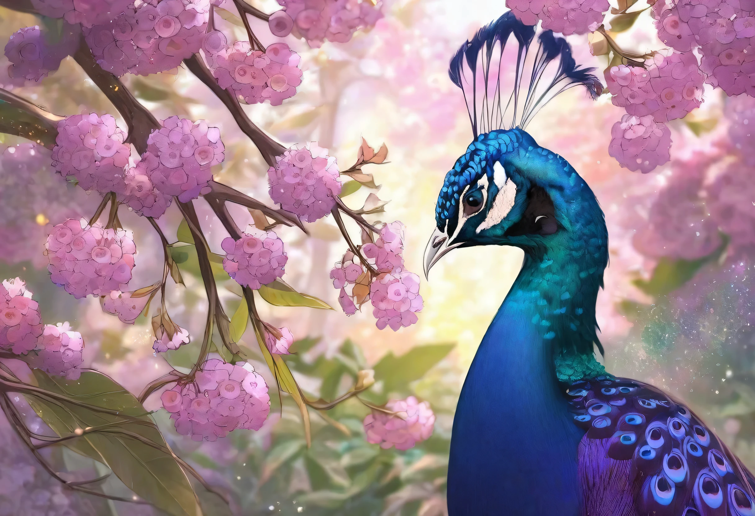 The majestic peacock、It stands gracefully in a mysterious garden of bright pink and purple.  warm, Ethereal Light, 。has an iridescent blue neck and head shining、; the enchanting pattern of sparkling eyeballs can be seen. soft, The diffuse sunlight shining through the branches creates a dreamy atmosphere, on its ornate tail feathers、enhances the enchanting appeal of this enchanting scene.