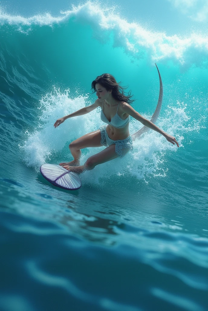 Maria Geciane surfing in Portugal with sharks