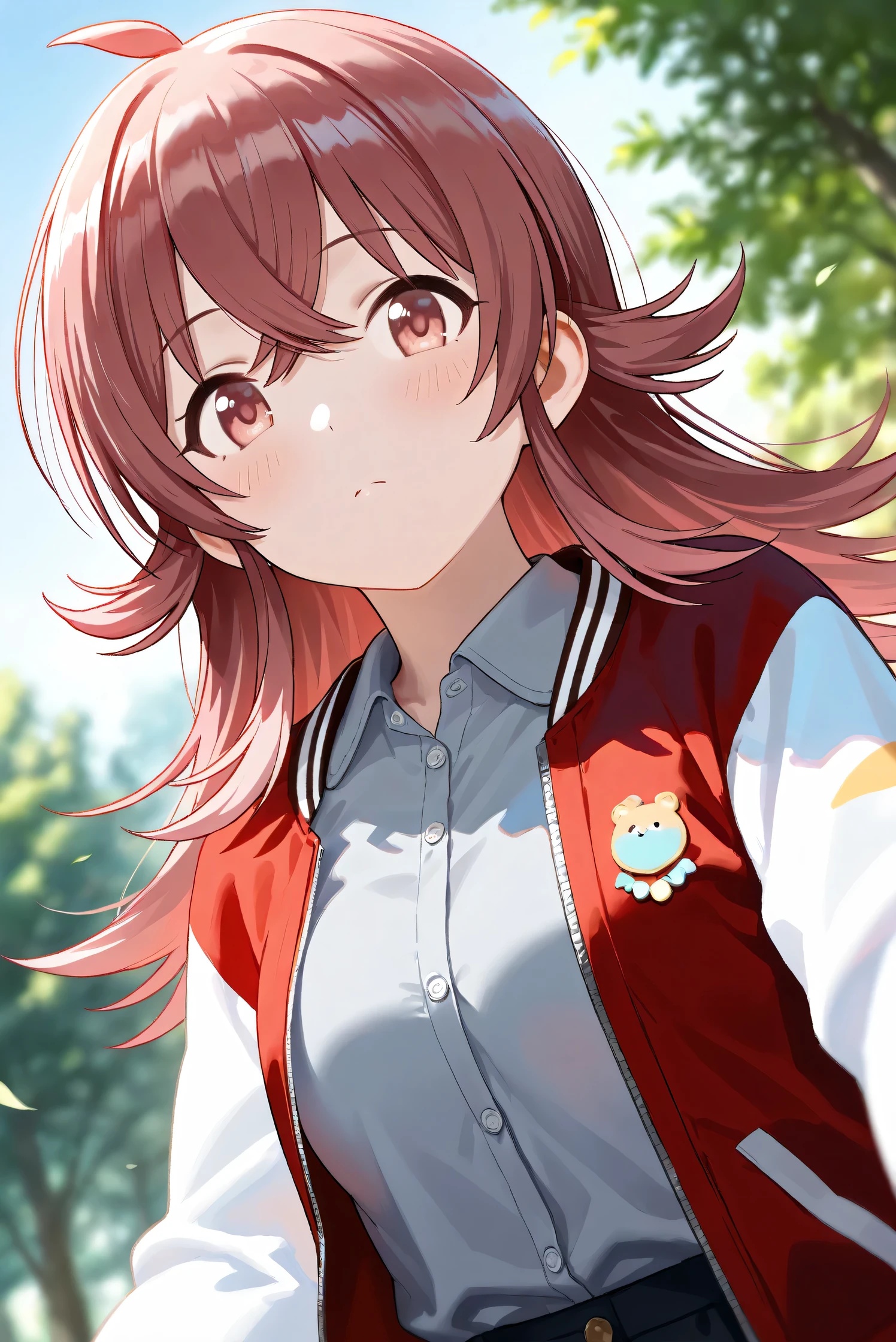 (Masterpiece), (Highest quality), (Very detailed),
(The best shape), (Best Shadow), (Absurd),
(Detailed background), (So beautiful), Shiny ,
Beautiful eyes in every detail, Extraordinary, Countershading, 8k, 32K, High resolution,
Very Detailed CG,
Score_9, Score_8_up, Score_7_up, Source_anime,
(Pastel painting:1.2), (Watercolor painting:1.2),
(Masterpiece, Detailed:1.2), (Foreshortening:1.2),
Cinematic, Dramatic, (Depth of field:1.4),
(Blurry background:1.4), (Realistic background:1.4),
(Foreshortening:1.3),Dynamic angle, From below,
1 girl,
Outdoor, Nature, Park, Wind,
Komiya Kaho, komiya kaho,
the idolmaster shiny colors,
long hair, red hair, red eyes, hair between eyes, ahoge, (medium breasts:0.7),
(Casual wear:1.3),
(Collared shirt:1.1), (Gray shirt:1.2), (Plain shirt:1.3),
Souvenir Jacket, Open jacket, Red jacket, Long sleeves, White sleeves, Plain jacket,
(Portrait:1.2), Upper body,Focus on face,
(Close up shot:1.4),
(Blush:1.3),
Realistic skin, Shiny skin,