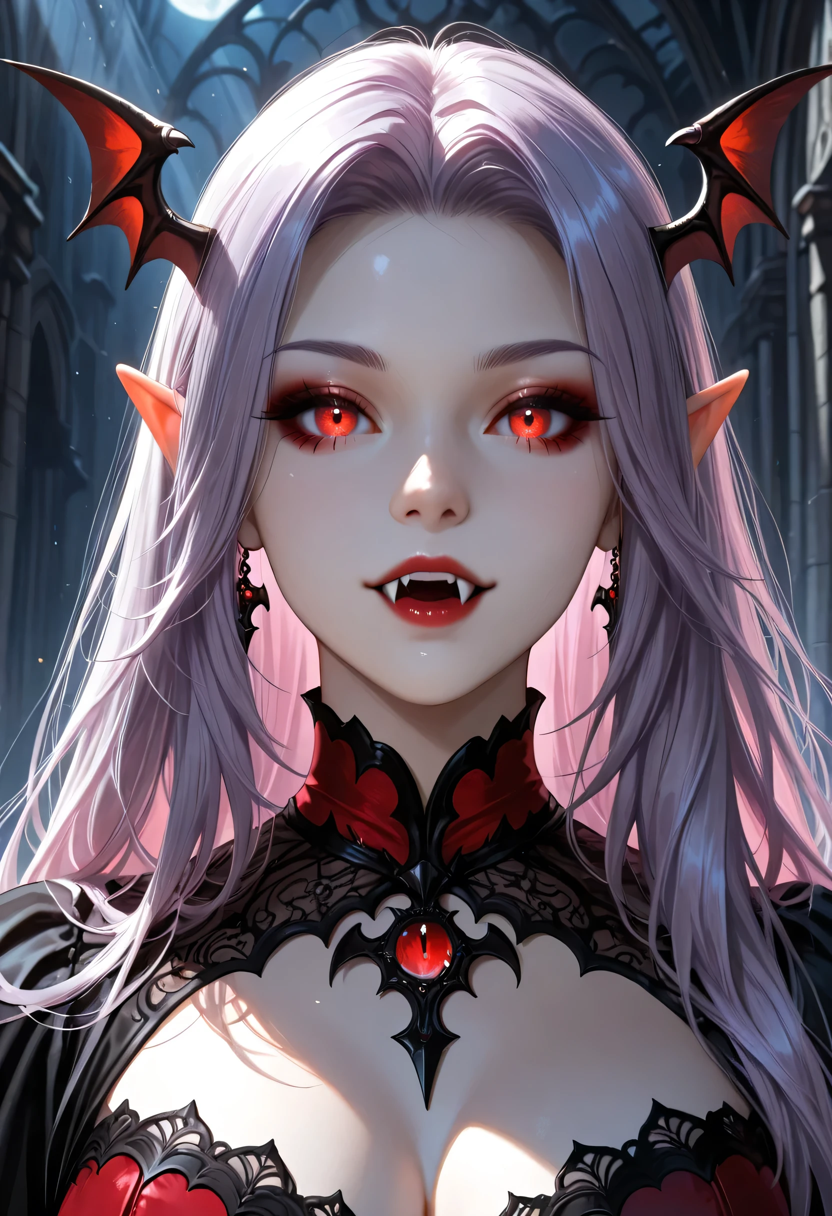 dark fantasy art, a picture of a fantasy, a beautiful female vampire, best detailed face,  pale skin, lavender hair, glowing eyes, vampire fangs, red eyes, wearing red dress, transparent fabric dress, goth dress, small cleavage, intricate dress, it is night time, the moon is in the sky, a sense of dread, soft light. moon rays. high details, best quality, 16k, [ultra detailed], masterpiece, best quality, (extremely detailed), close up, ultra wide shot, photorealistic, RAW, fantasy art, dnd art, fantasy art, realistic art,((best quality)), ((masterpiece)), (detailed), perfect face, fantasy, vampyfangs1, Vampire Dress