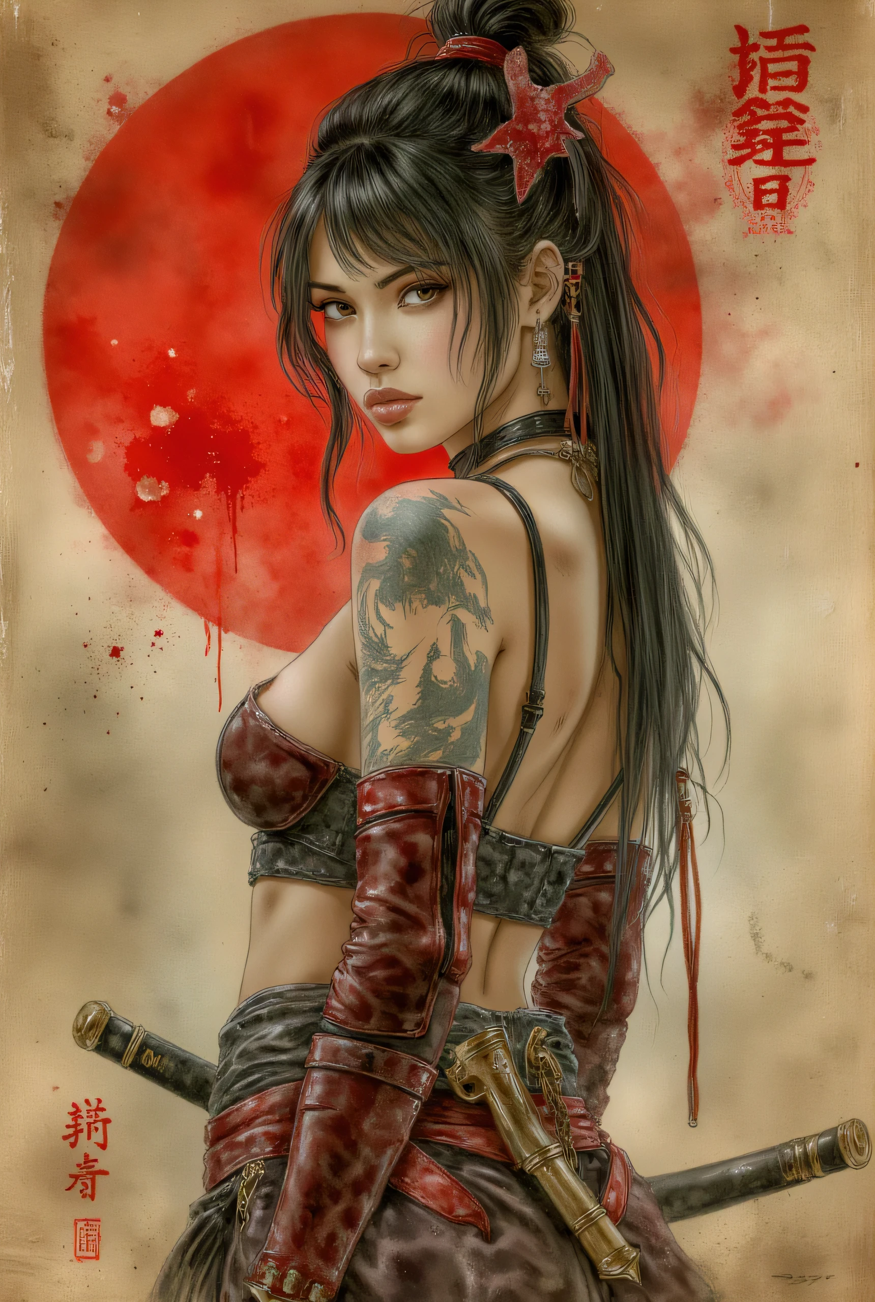 A highly detailed and dramatic painting of a young Japanese stunning woman in a battle-worn samurai outfit, with katanas and knives strapped to her body. She has a red sun in the background, symbolizing Japan, and a tattoo on her arm with intricate kanji. The scene has an aged, textured appearance, reminiscent of an ancient scroll or weathered wood. The woman has a focused and determined expression, her hair styled in a traditional messy bun, with strands falling across her face. The atmosphere is gritty and intense, with splashes of red and black accentuating the mood.