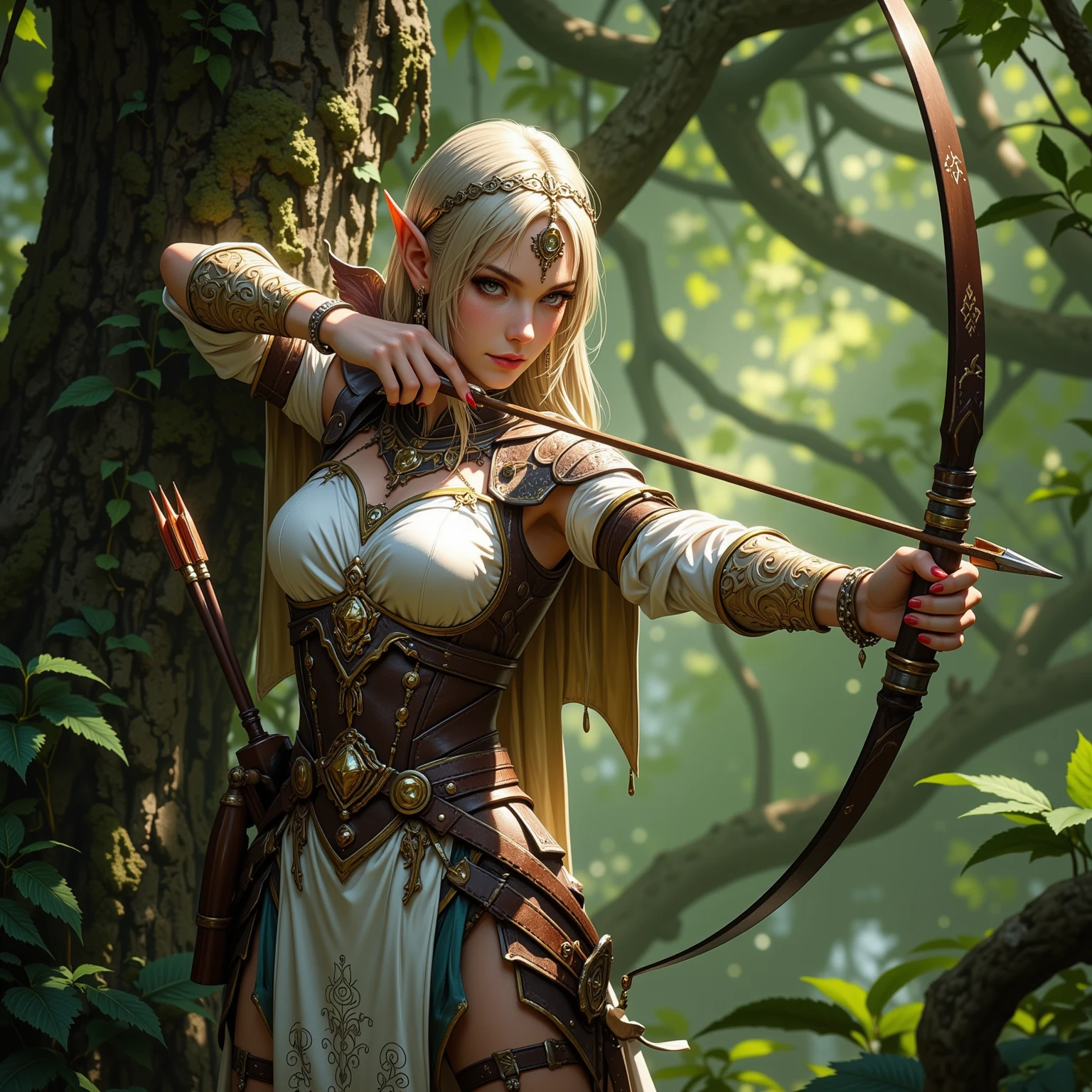 (((beautiful archer elf)))8K、Ultra-realistic details、An ultra-high picture quality、3d rendered、Holding a bow、Clothes with wide open chests、Supple waist curve、Slender body、a blond、Crystal clear white skin、Superwavy hair、Blur the background、Background in the forest、
