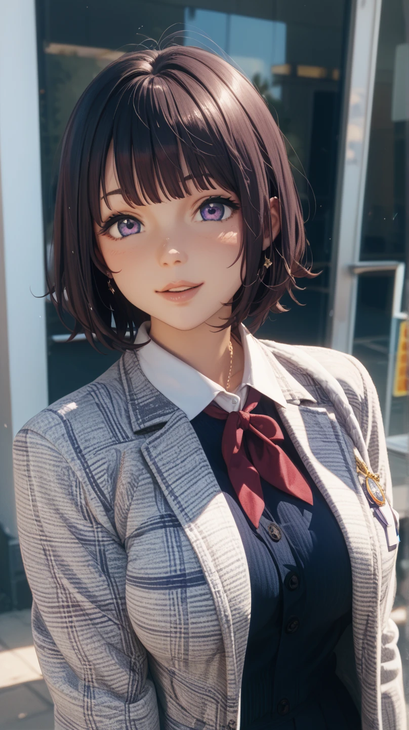 High resolution,In 8K,highest quality,detailed,Semi-realistic anime,Anime 3D Style,Smooth anime CG,One Girl,19-year-old woman in Japan,slim,Modeled,Shiny brown hair,Medium Hair,detailedな顔,Beautiful and detailed,Glowing Skin,Light turtleneck shirt,Put on a striped shirt,straggling hair,Angelic hairstyle,((Deep violet sparkling eyes)),(Small breasts),((Looking at the camera)),((Mouth closed)),((Smiling))