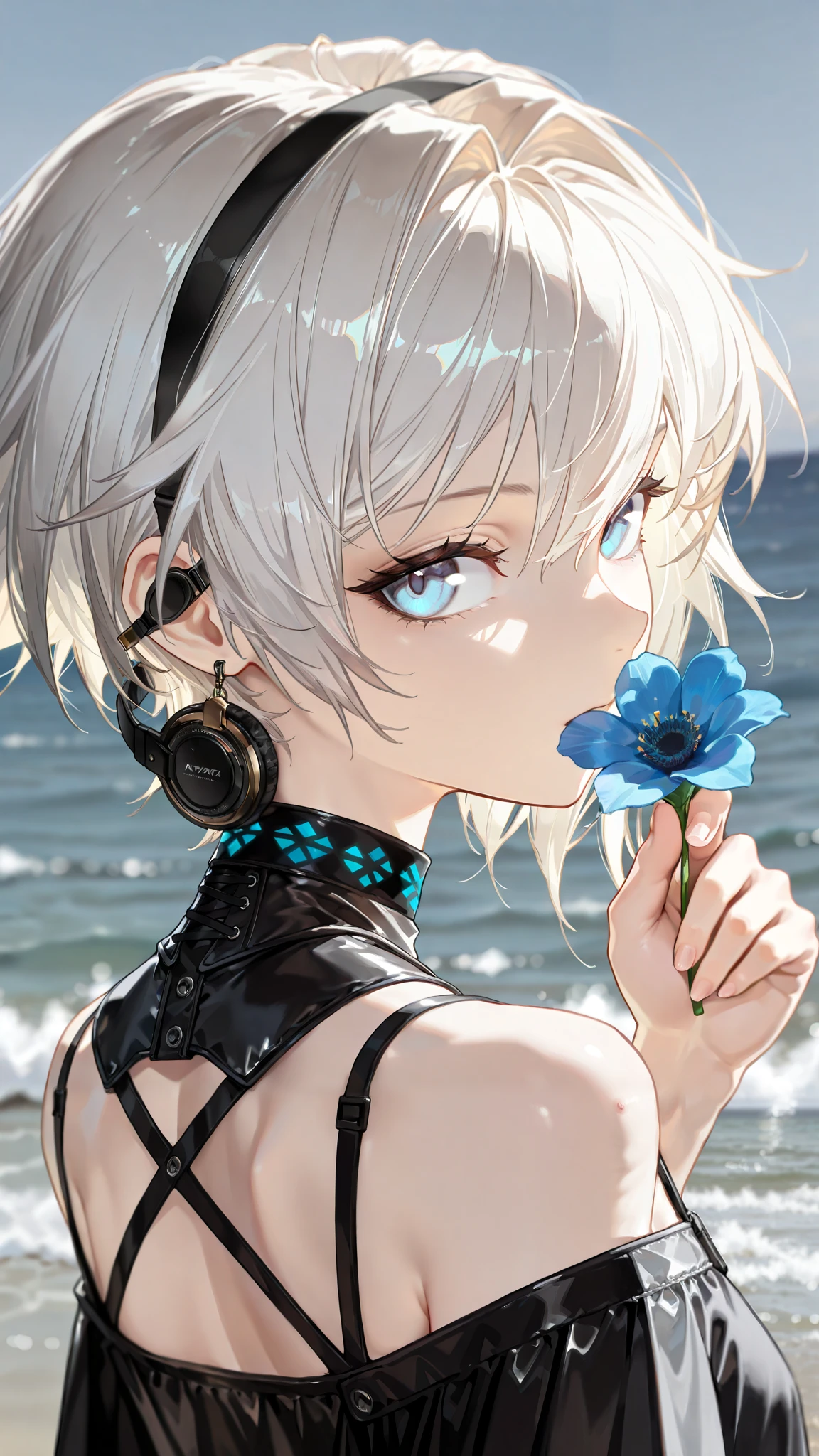 by [arknights|(748cmstyle:0.5)], god rays, cinematic shot, mature, young adult, masterpiece, best quality, amazing quality, very aesthetic, high resolution, ultra-detailed, absurdres,
1girl, solo, alone,(dynamic pose, side eye, looking over her shoulder,looking at viewer, rear shot, upper body focus, action shot, three quarter view, close up, portrait:1.2), (femboy, astolfo:0.2), (flat chest:1.6), white hair, short hair, ocean blue eyes, smelling flowers, holding a bouqet of flowers earcuff, techwear, warcore, black skirt, , novuschroma79 style, glitch art photo, BREAK, depth of field, volumetric lighting 
 