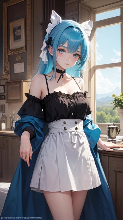 intricate, hyper detailed, from below, skirt, pantyhose, panties under pantyhose, maid cafe, stockings, cat ears, (maid costume:1.2), bed, sleeping, choker, bowtie, (pleated skirt:1.3), lora:shirtliftALORAFor_shirtliftv1:1.5, lora:breastinclassBetter_v141:.5 , extremely detailed eyes, extremely detailed face, cute, (photorealistic:1.3), sexy lips, seductive smile, double eyelids, eyelashes, pale skin, perky breasts, full body portrait, textured skin, 4K, RAW, best quality, sharp, hyper realistic, tall, (long slim legs:1.2), (thigh gap:1.2), blush, delicate and beautiful girl, 1girl, solo, (stunningly attractive:1.3), (dramatic:1.2),(masterpiece, best quality, ultra detailed, 8k, RAW photo:1.2), (Unreal Engine, photorealistic:1.1), (beautiful detailed face, a photography of a beautiful girl), (cowboy shot:1.2), (looking at the camera:1.1) BREAK (1girl), (full body:1.2), (beautiful hair), (extremely detailed CG unity 8k wallpaper of a girl with kawaii hairstyle and white marble glowing skin and perfect symmetrical pretty face:1.3), (blue hair:1.3), (sad:1.2), soft light, (over 12 years old, under 20 years old:1.2) BREAK ), gigantic breasts from azur_lane, (cleavage:1.2), (sexual pose:1.3) BREAK (on the coffee shop:1.3), (see the persons:1.2), (looking from behind:1.2), taken by Canon EOS, SIGMA Art Lens 35mm F1.4, ISO 200 Shutter Speed 2000