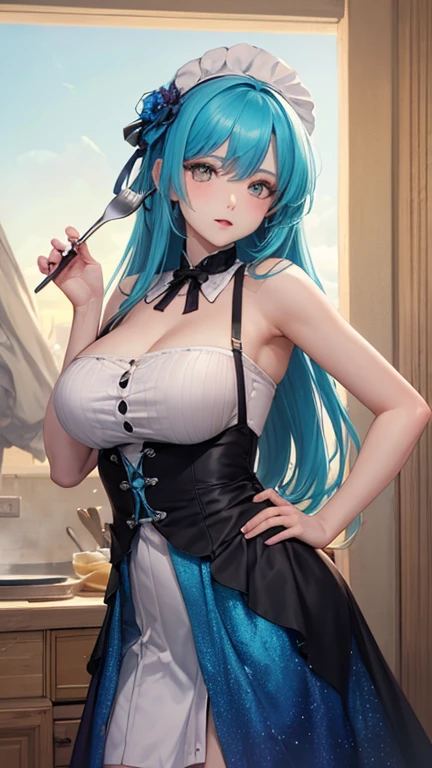 Medium and round breasts, she is an adult woman ((she is a beautiful and cute Wolf Girl)), (long light blue hair, beautiful earrings, bow in her hair), double eyelids, brown eyes, clear and detailed, hyper detailed, light effect on the eyes, detailed iris, sensual body, ((beautiful blouse with straps, short and tight skirt, delicate and elegant with beautiful details, beautiful and cool)), ((masterpiece, hyper realistic, hyper detailed, best quality , 16k, light and shadow on the skin, vivid colors)), eyeliner, thin eyebrows, sensual expression, perfect lips, innocent and sexy face, ((skin with light and shadow), beautifully seductive and embarrassed woman, passionate expression, passionate smile ((she is a beautiful woman with a beautiful body)), flirting with the viewer, beautiful, charming, ((in the kitchen)), (body tilt) ((elegant sensual pose: 1.3))