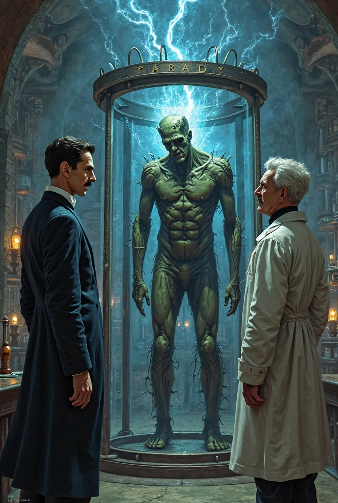 Make an image of Frankenstein in a cage, muscular and naked ,and on the outside is Nikola Tesla with a mustache and black hair , and Michael Faraday with long white hair,Nikola Tesla is talking ,Make Nikola Tesla and Michael Faraday appear in the image,