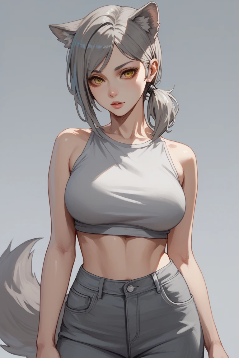 ((Masterpiece))), (((Best Quality))), Ultra High Resolution, Caustics, Detailed, (Beautiful Detailed Eyes),Perfect Anatomy, Eyeliner, nsfw, (Fox ears), multicolor hair ,Facial details, Red Eyeshadow, Large Breasts, pantyhose, solo, short top, sports Shorts, black tight, tight stripe , long socks, large earrings, detailed pupil, choker with locker, ((black crop top, thin material, mini skirt)), open waist, (perfect symmetrical body)