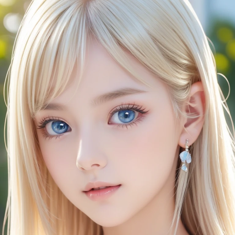 1 girl, The cutest beautiful girl in the world、bright look、very disheveled hair, Bright straight blonde hair shining golden dazzling、Very beautiful super long shiny hair、Very beautiful cute face、Glitter beautiful skin、solo、super high quality、hard focus、film grain、ultra high resolution、masterpiece、Nice detailed crystal clear pale light blue eyes that shine、very big eyes、round face、small face beauty、Young shiny cheeks、very beautiful disheveled long bangs
