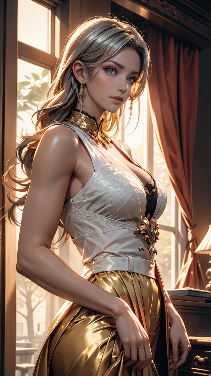24-year-old female、long hair、Blonde、Sexy proportions、Curved waist、Sexy clothes、courtesan、Stiletto heels、smile