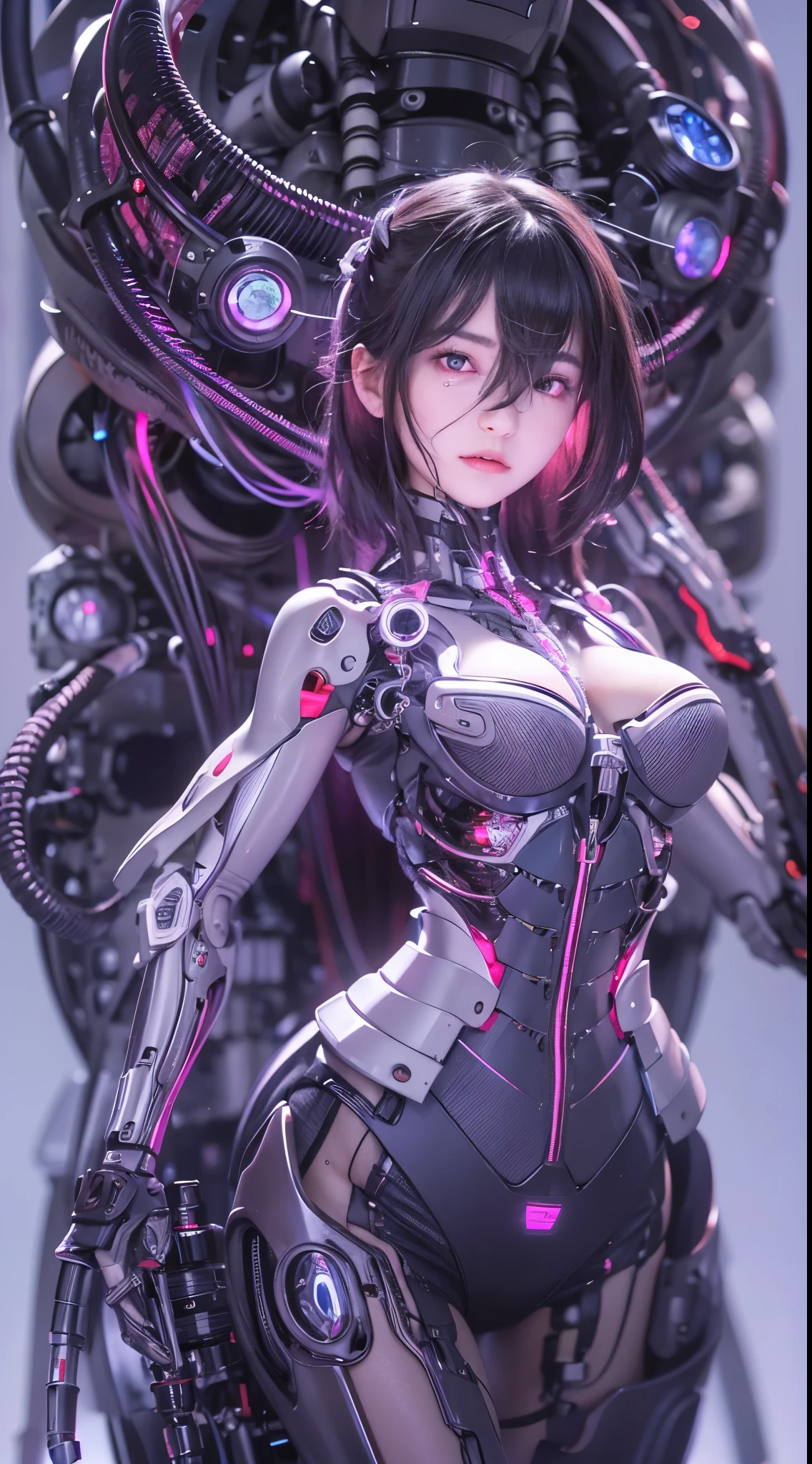 highest quality, pieces fly, ultra high resolution, (that'realistic: 1.4), RAW photo, 1 baby girl, black hair, Glossy skin, One Machine Girl, (Ultra realistic details)), 人撮Shadow, global illumination, Shadow, octane rendering, 8K, super sharp, , Exposed raw skin, cleavage, metal body, intricate decorative details, Japan details, very intricate details, realistic light, CG trends, eyes are purple, shining eyes, towards the camera, neon light details, mechanical limbs, blood vessels connected to tubes, mechanical vertebrae attached to the back, Mechanical cervical spine attachment to the neck, Wariza sitting down, Wires and cables connecting to the head, Evangelion, Small LED light,