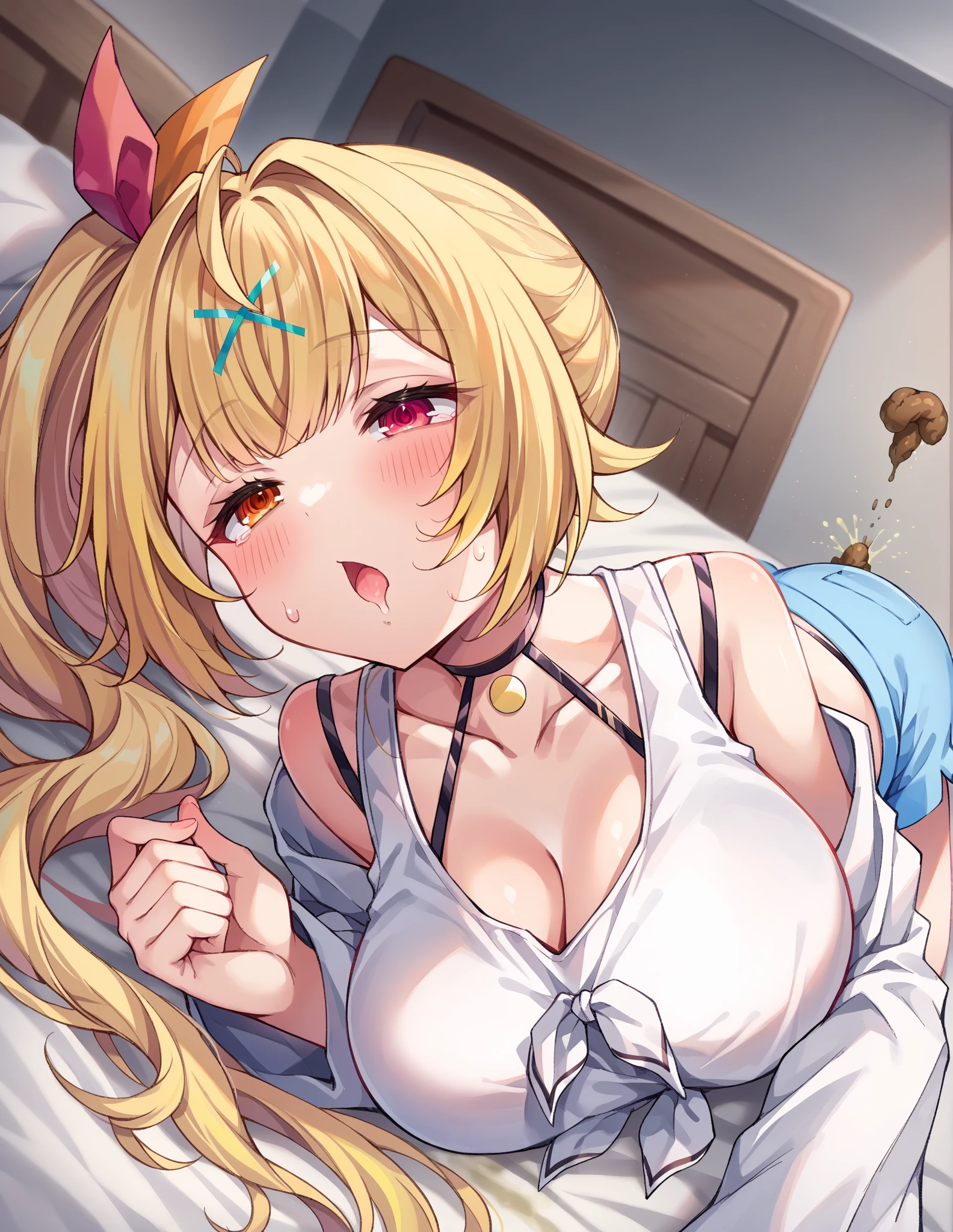 (masterpiece, best quality, very aesthetic, absurdres), 1girl, bedroom, on bed, (simple background), looking down, leaning forward:1.2, ((WatameBase, short hair, wavy hair, ahoge, hairclip, blue jacket, half undress:1.2, clothing lift, camisole, frilled white bra, bra lift, unworn pink_shorts on bed:1.2, show off frilled white panties, thigh strap, navel)), narrowed eyes, BREAK, (Girl straddling a large white stuffed duck, humping, pussy juice), Squatting Cowgirl Position, (speed lines:1.2, bare breasts:1.3, show off nipple:1.2, bouncing breasts:1.2), [Motion blur], (motion lines:1.2), open mouth, saliva trail, left clenched_hand covering mouth, (blush, embarrassed, moaning, panting), girl trembling with sexual climax