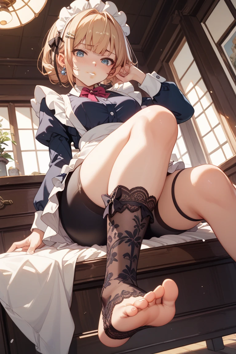 Maruka Higuchi、higuchi_madoka、masterpiece、top-quality、best、超A high resolution、Full body portrait、intricate-detail、An ultra-fine illustrations、perfect anatomia、Correct anatomy、perfectly proportions、face perfect、Hands are2Boken、perfect hand、The feet are in2Boken、perfect foot、Perfect fingers、Small toes、Precise size and balance of upper and lower body、18year old、Schoolgirl with mature body type、A high school girl with long、女の子1人、Whole body from head to leg、full body Esbian、small tits、Small toes、Small toes、Skinny Legs、laying on back、M-shaped legs、Opening legs、Opening legs、Inter-strands、Facing the front、Composition from below、Composition from the front、Panchira、Inner thigh-sitting、Sit on the floor with bent knees and legs open、Front-facing、Lower body facing forward、Slender feet、Slender thighs、Slim toes、Lying on a white bed facing the front、Slender feet、legs slightly open、Sleeping in a big letter、Legs are spread、Hands are slightly raised、brown haired、Medium Hair、Medium haircut、Panting face about to cry、red blush、Embarrassed look、A slightly sad look、Black_Wearing white panties inside stockings、Wearing white panties inside black transparent stockings、Wearing white panties inside black stockings、Wearing white panties inside black pantyhose、Wearing white panties inside black lace pantyhose、Wearing white panties inside stockings with black lenses、Wearing black light pantyhose and white panties、Wearing black transparent pantyhose and white panties、No shoes、No shoes on、pure white under black stockings,,,_panties on、Panties are visible through a navy blue pleated skirt、Pure white bra、Underwear、Bedrooms、in a house、during daytime、(small tits)、((full body Esbian))、masterpiece、(top-quality)
