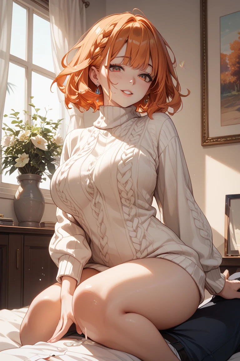Anime, chubby, huge breasts, tan skin, curly orange hair, sweater, heart pupils, mole under eye