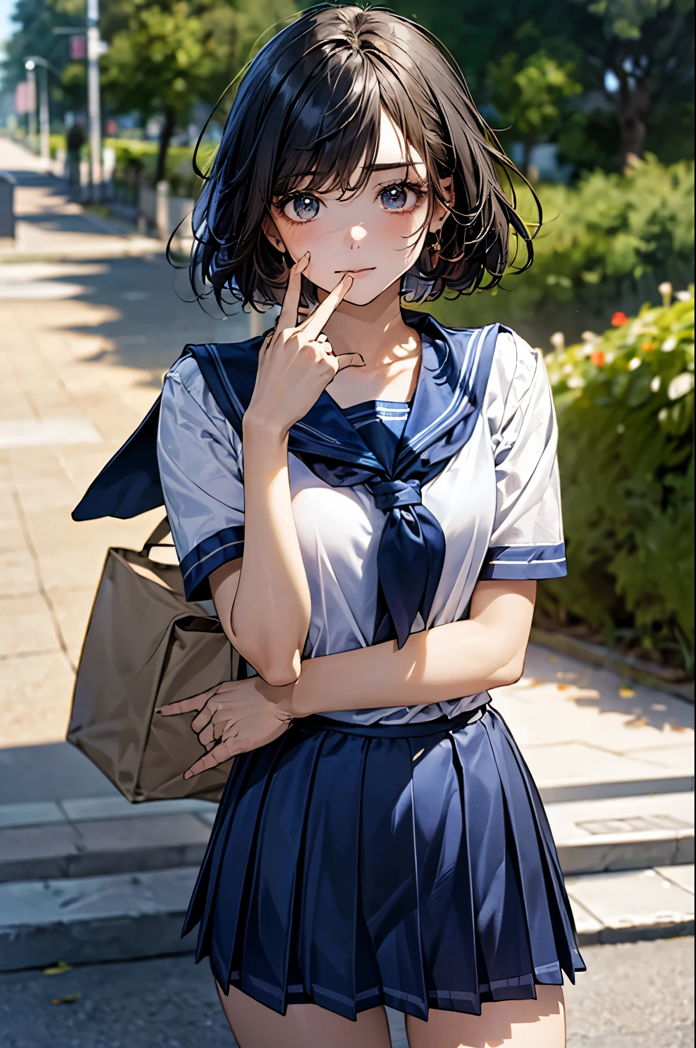 ((jojo pose, jonathan pose)), fingerless gloves, hand up, (hand over face), standing, front view:0.6, , looking at viewer, (five fingers), 
(masterpiece:1.3, top-quality, ultra high res, ultra detailed), (realistic, photorealistic:1.3), beautiful illustration, perfect lighting, natural lighting, colorful, depth of fields, 2025s, , 
beautiful detailed hair, beautiful detailed face, beautiful detailed eyes, (perfect anatomy, anatomically correct, super detailed skin), shiny skin, 
1 girl, high school girl, cute and symmetrical face, perfect face, perfect eyes, perfect body, perfect fingers, babyface, cute face:1.2, tiny, 
(short hair, bob cut, black hair), swept bangs, green eyes, big eyes, long eye lasher, (medium breasts, seductive thighs), slender, skin dentation, 
(detailed cloth texture), break ((short sleeve sailor uniform, , navy blue sailor collar:1.2, navy blue pleated micro mini skirt)), break ((dark blue sailor scarf)), break 
(beautiful scenery), summer, evening, detailed background, (park:1.5), 