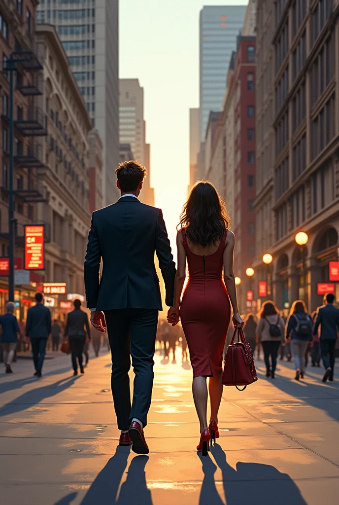 Handsome man with hight 6.1 beard standing on the newyork street with sunglasses and his girlfriend hight 5 feet