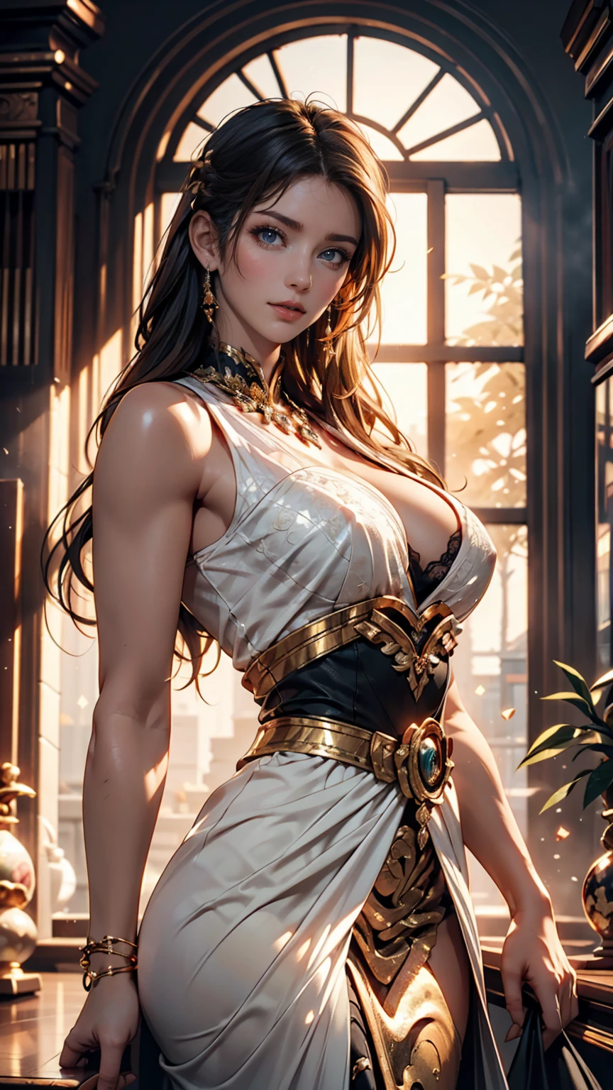 Ancient queen: A woman with face paint depicting Egyptian and Roman queens、Standing against a backdrop that evokes an ancient civilization