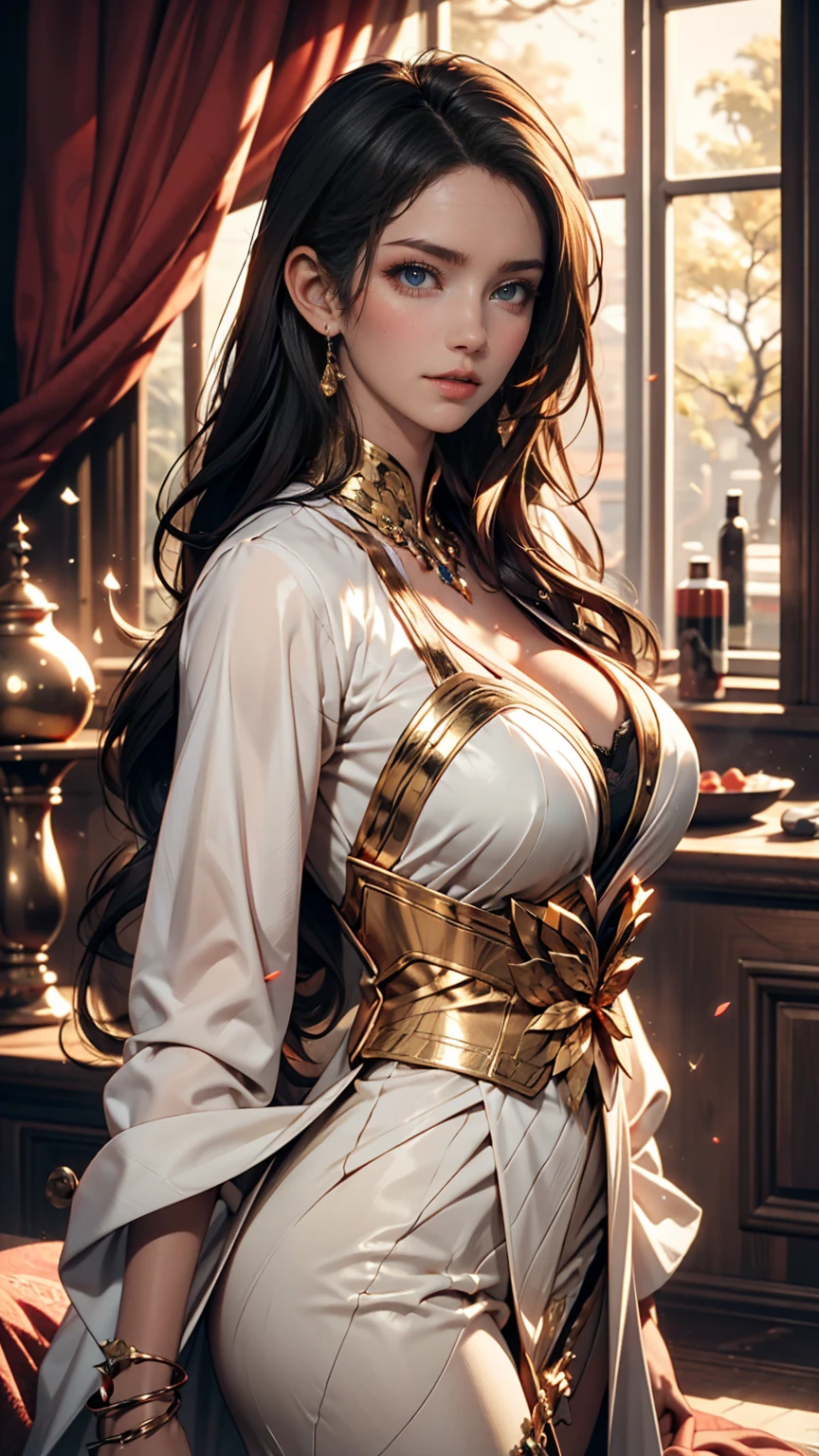 Very beautiful young woman, Subtle makeup, Golden Hour, Realistic, High Contrast, 8K HD, detailed, hyper-detailed, Realistic skin texture, Long black hair, Large Breasts, highest quality, Ultra-high resolution, RAW Photos, Dramatic lighting, Unreal Engine, Diffused glow complex silver airbag, White Emperor's Cape, gun, sword, Rudderless