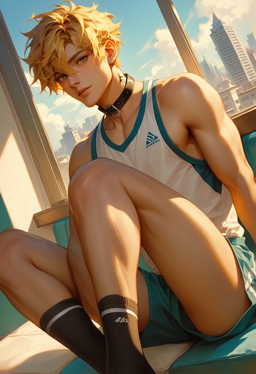 High school ager, beautiful and masculine face, short blonde hair, green eyes, full mouth and pink lips, sensual smile, broad shoulders, muscular chest, huge peck, huge ass, huge legs. He wears a high school jacket, ripped jeans, red all stars sneakers.