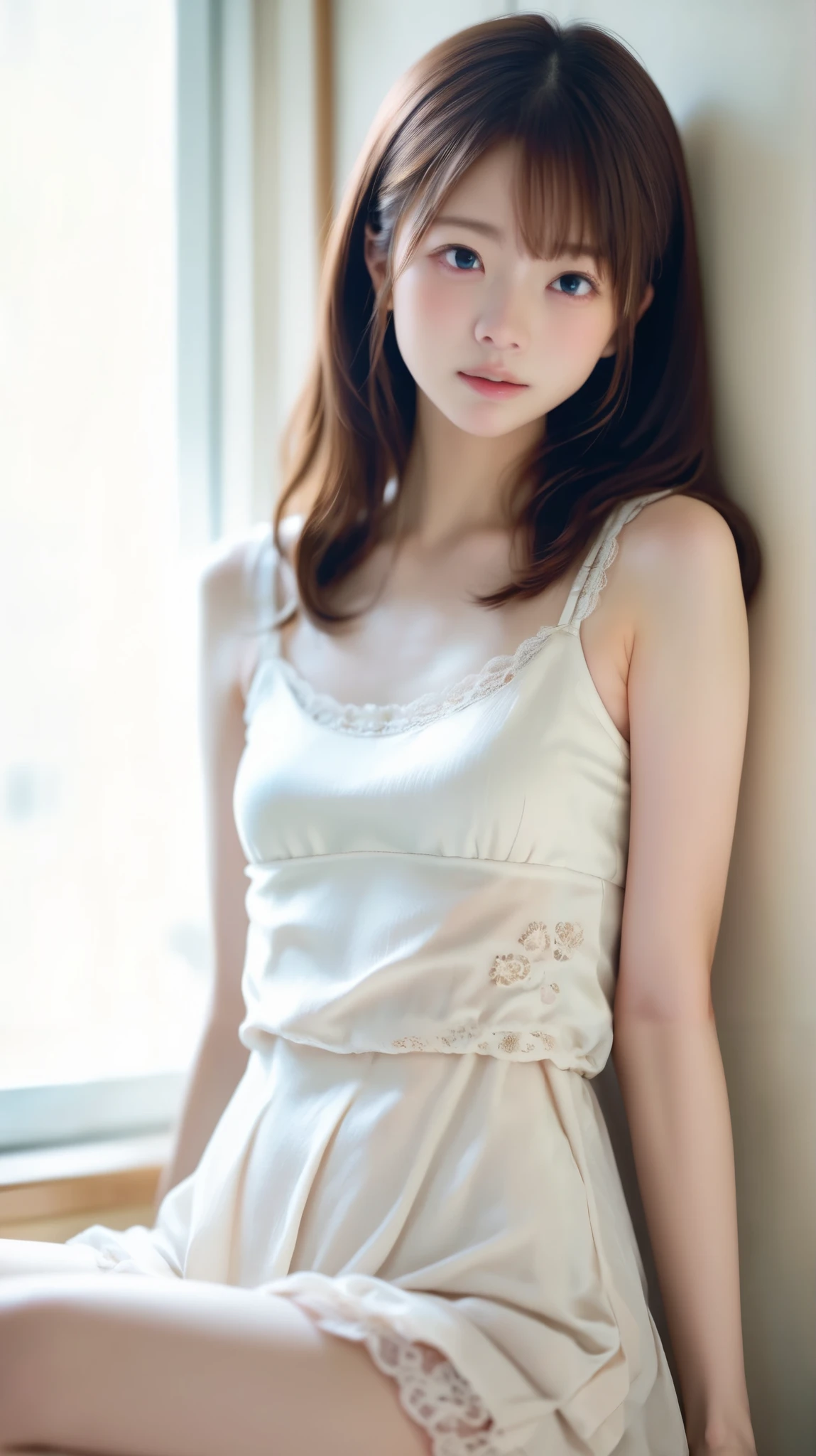 Upper body angle、perfect anatomy, Japanese woman, girl, Alone, 一人もgirl, white skin, her brown hair is up , bungs, She's wearing a black and gold lace bodysuit, キャミソール dress, Light pink camisole, dress, Her legs have lace straps , She is not wearing shoes. very well detailed, majestic