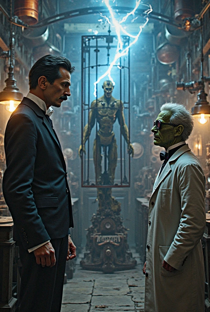Make an image with 3 characters
1 Nikola tesla
2 Michael Faraday (with white hair)
3 Frankenstein
The setting is the laboratory and Frankenstein is inside a cage (written by Faraday in Portuguese) and stuck in an electric chair
