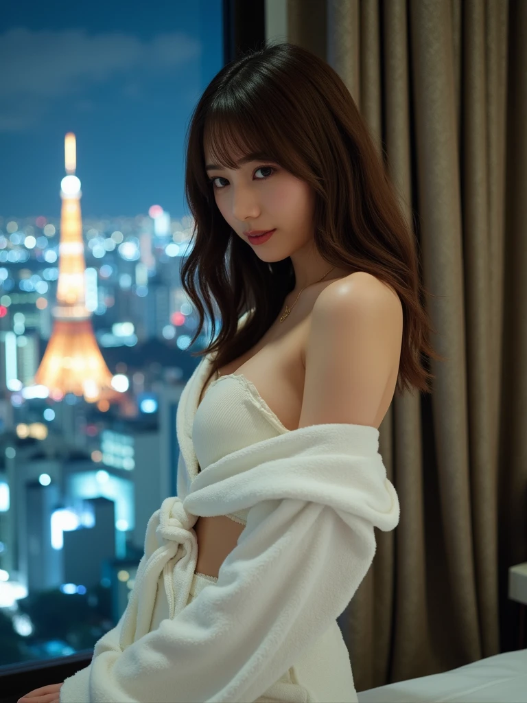 8k, lone woman sitting on chair in front of window, lace dress, fox face, round face, bold and seductive pose, H pose, cleavage show, tokyo rooftop, tokyo rooftop, night view, futuristic tokyo night rooftop, Tokyo in background, sitting in lounge