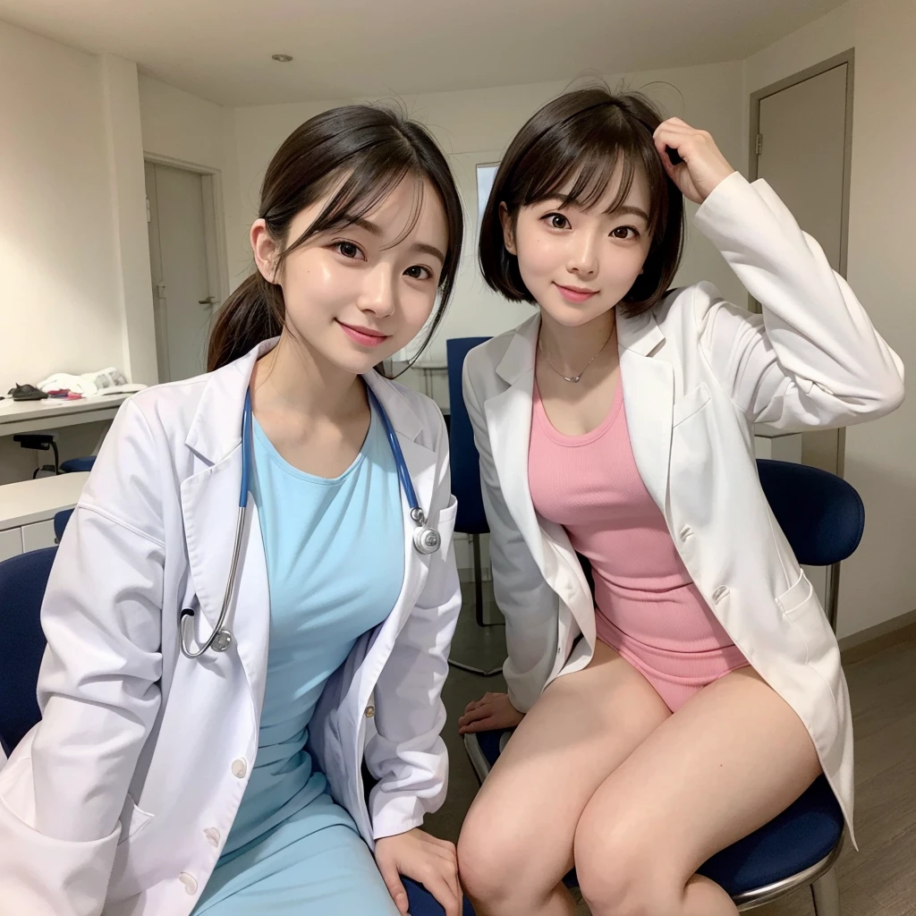 perfect shape, Precise proportions, Chinese Models, age is 18 years old, ChineseGirl, 2 pairs of slender bodies......No shirt...nude.,no underwear..,In the room, Wear a medical uniform without buttons........,agreement, elongated legs, The feet are slightly open......., Buttocks, Blush, Embarrassed, clavicle, tummy, Double weave, chinese women, Beautiful and delicate face, Fair-skinned, real skin, (face detailed), Goose egg face, pores, ultra-high resolution, 10, parameter: bestquality, master-piece, Maximum resolution, (Realistic 2.0), more detailed, skin details, Straight brunette hair, beautidul eyes, asian girl, thin, blow, Pretty, attractive, floral, studio light,Seeing the breasts,Seeing genitals, water,Wearing a medical uniform without buttons............,Seeing genitals,tripod., 2 Seats, Legs spread, Edelweiss Hotel, 1.1...,All 3 were wearing unbuttoned medical uniforms...,,Seeing the breasts,Seeing genitals,