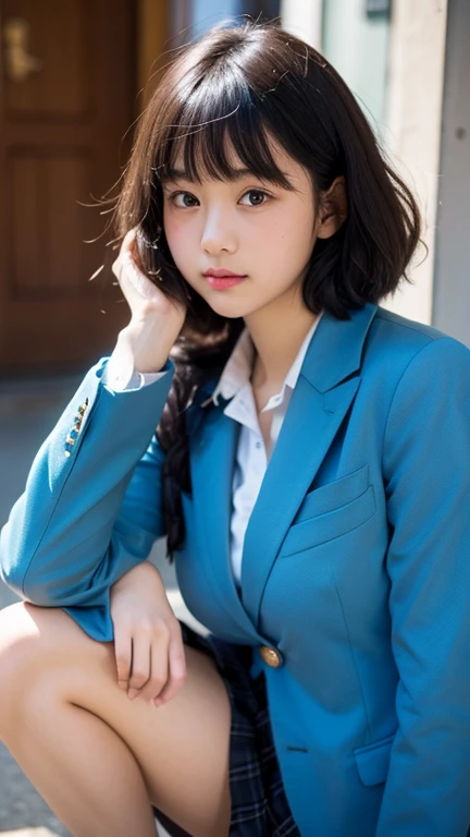 highest quality, masterpiece, Ultra-high resolution,(((Face Focus:1.6))) (Realistic:1.6), (Portrait of a high school girl kneeling with her legs spread) RAW Photos, 1 girl, 20-year-old,((Navy blazer and blue mini skirt)),((Ponytail and hair tie)),,((Looking up at the audience)),Realistic,((background)), Image Media Chest)),((Smiling with teeth showing)),