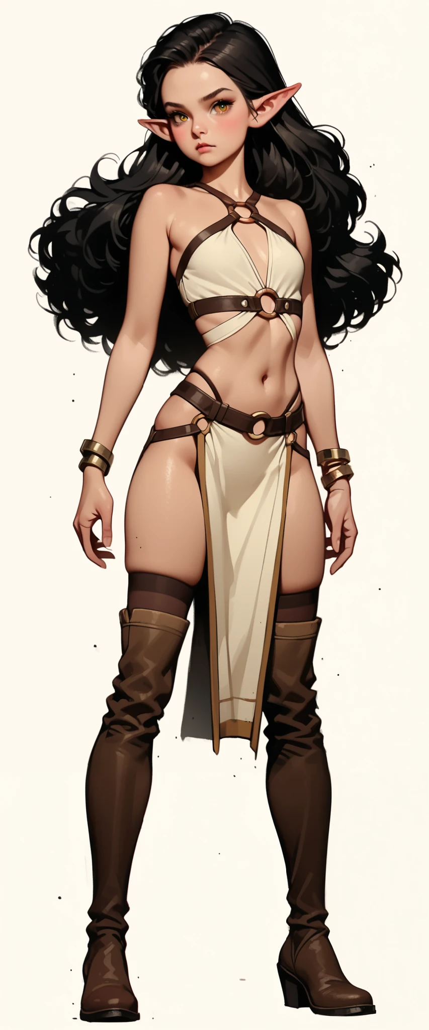 Vintage_v1, realistic, 1girl, solo, pointy ears, thighhighs, navel, white background, long hair, simple background, breasts, brown footwear, full body, black hair, elf, brown thighhighs, boots, yellow eyes, pelvic curtain, bracelet, jewelry, standing, looking at viewer, closed mouth, crop top, midriff, blush, small breasts, o-ring, bare shoulders,