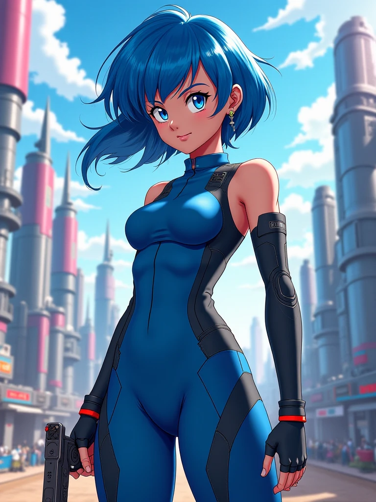 Kei of The Dirty Pair, , wearing a tight-fitting suit, scarce, medium chest, blue hair beauty, cyberpunk city background, holding a retro space gun, sale, Thin waist, thin thighs, thigh gap